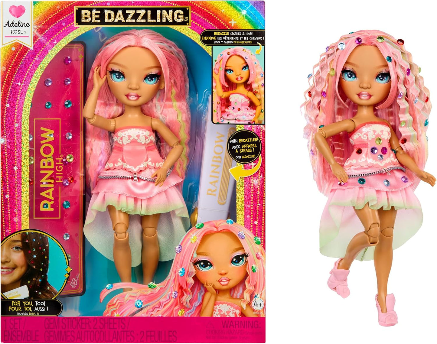 Rainbow High Be Dazzling – Adeline Rose – 28 cm große rosa Modepuppe mit Dekorationswerkzeug, funkelnden Edelsteinen und Styling-Zubehör
