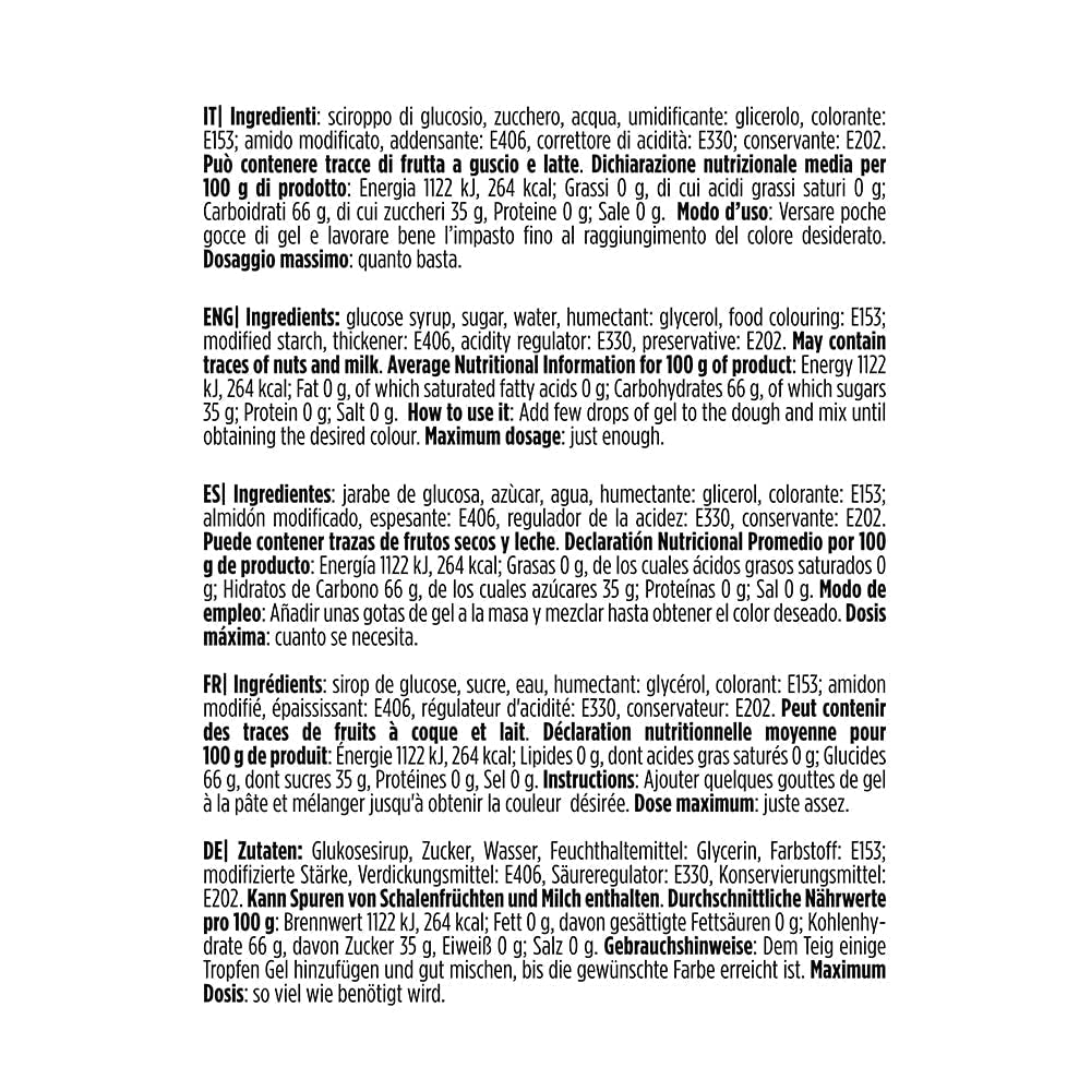9600820 Gel-Lebensmittelfarbe, Gel-Lebensmittelfarbe, ideal für Beschichtungen und Dekorationen, Erzeugt intensive und leuchtende Farben, Hergestellt in Italien, 28 Gramm, schwarze Farbe.