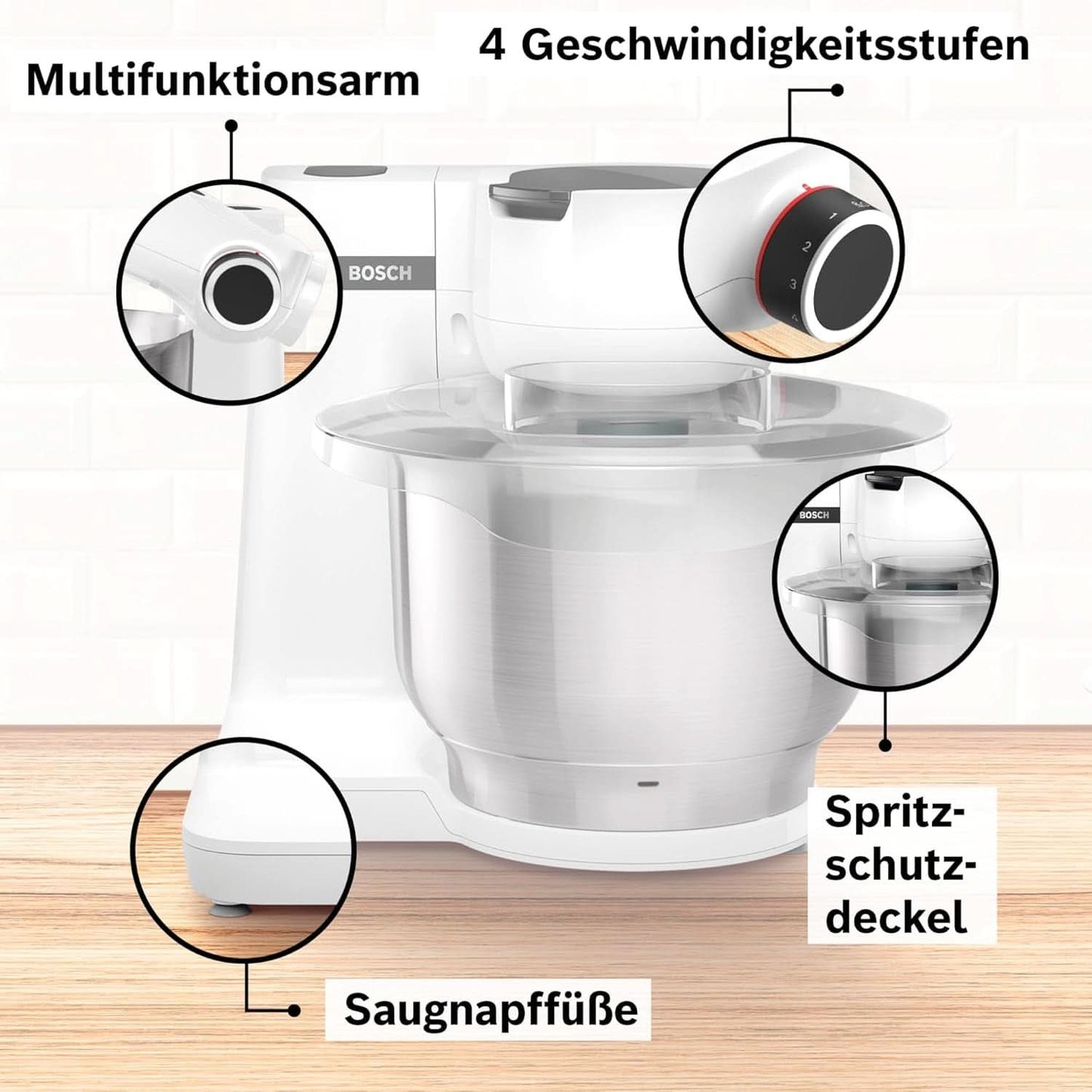 Bosch Küchenmaschine Serie 2 MUMS2EW00, Edelstahl-Schüssel 3,8 L, Planetenrührwerk, Knethaken, Schlag-, Rührbesen Edelstahl, 4 Arbeitsstufen, Durch Optionales Zubehör Erweiterbar, 700W, Weiß Kitchen Naty Shop