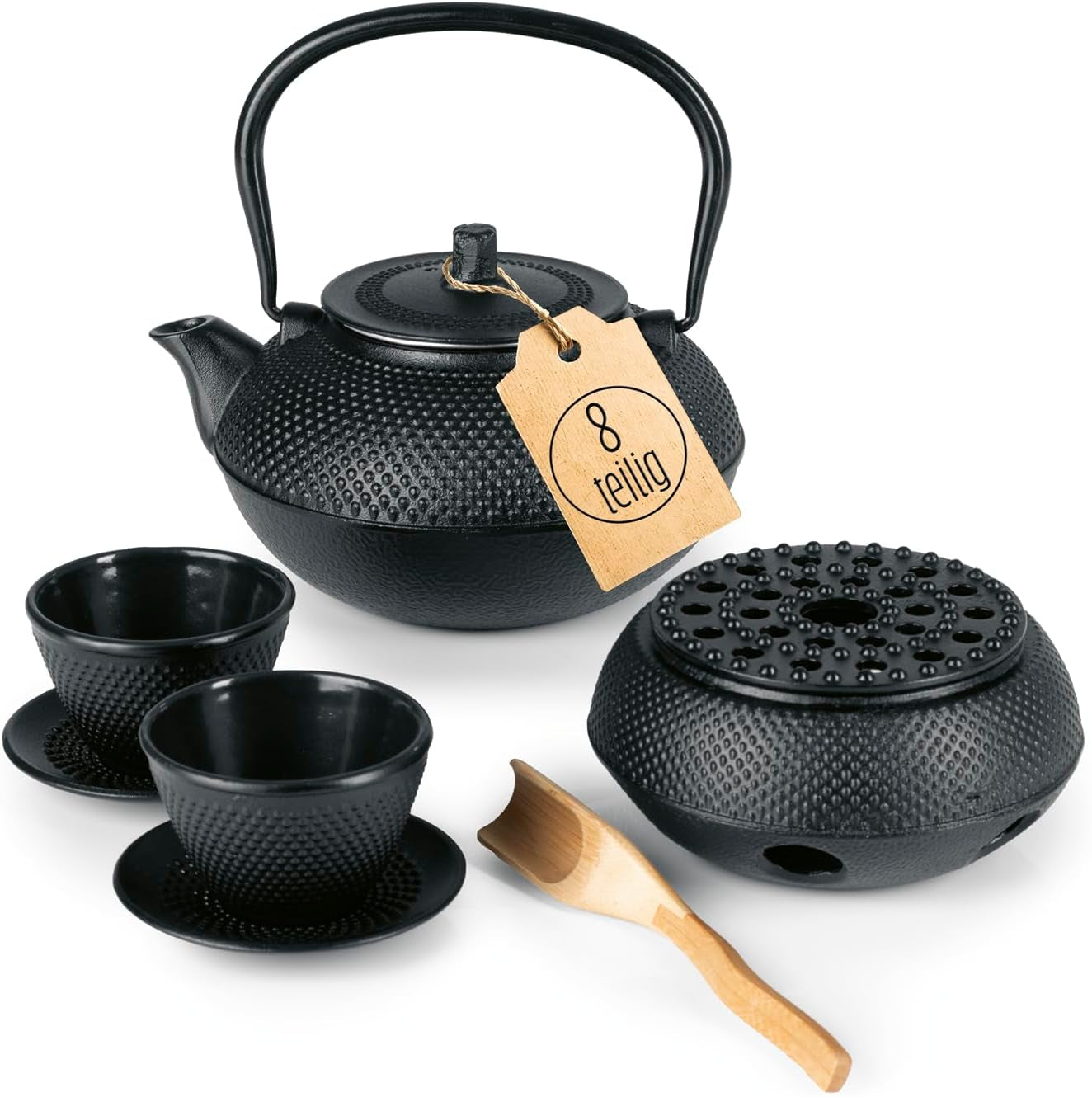 Lumaland 8-teiliges Teeservice | 1,4 Liter Tetsubin-Teekanne aus Gusseisen | Gusseisenheizung | 2 Teetassen und 2 Untertassen | Japanisches Teeservice inklusive Messlöffel aus Bambus und Teesieb aus Edelstahl