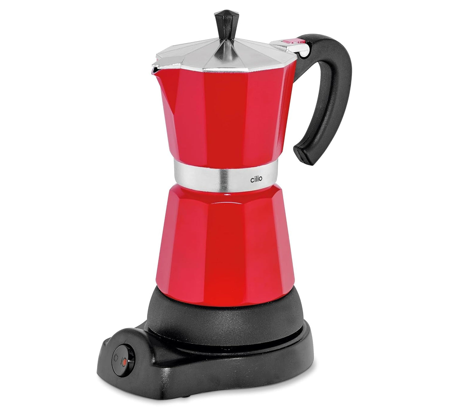 Cilio Classico Espressomaschine für 6 Tassen | elektrisch 480W | Ø 11,5 cm Höhe: 25 cm | Aluminium | rot | integriertes Kochfeld | mit Warmhaltefunktion und Reduzierfilter | für Reisen oder Camping