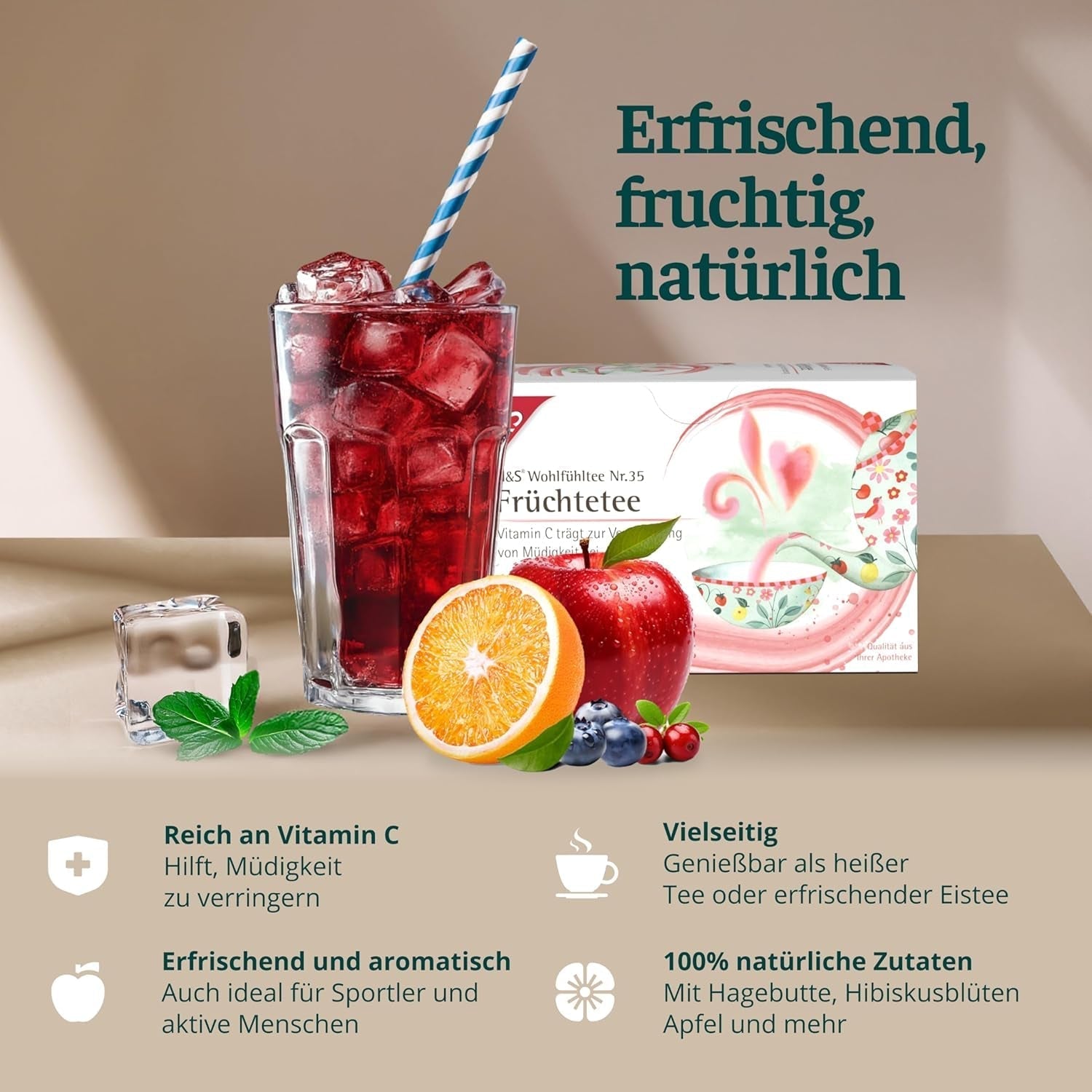 H&S Vitamin C Früchtetee: Geschmackvolle und erfrischende Früchteteemischung, 20 x 2,7 g