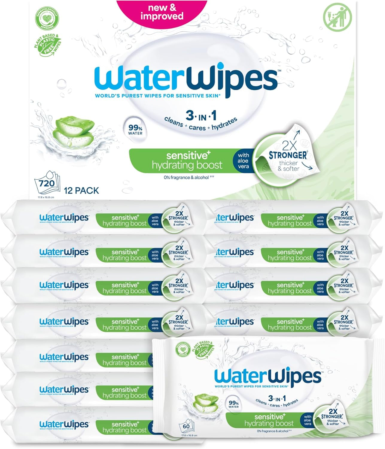 WaterWipes Sensitive+ Hydrating Boost Feuchttücher, feuchtigkeitsspendende Tücher, 360 Stück (6er-Pack), 3-in-1-Reinigung, Pflege, Hydratation, 99 % Aloe-Vera-Wasser, parfümfreie Babytücher