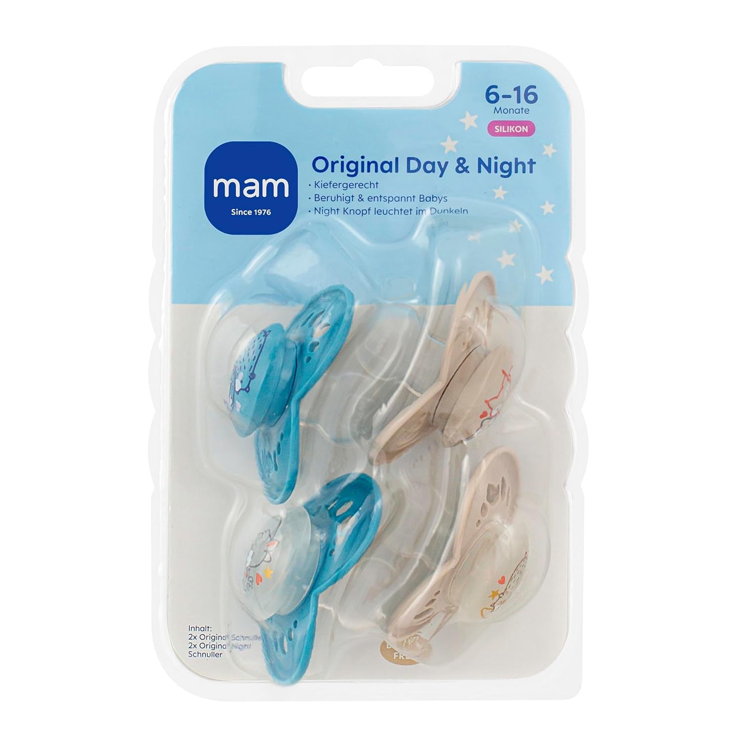 MAM Original Day & Night Matt Schnuller | 6-16 Monate | Schnullerset | Akzeptanz 94 % | Verhindert unerwünschte Zahnausrichtung | Gemeinsam mit Zahnärzten entwickelt | Silikon SkinSoft | Bär/Fuchs | 4 Stück