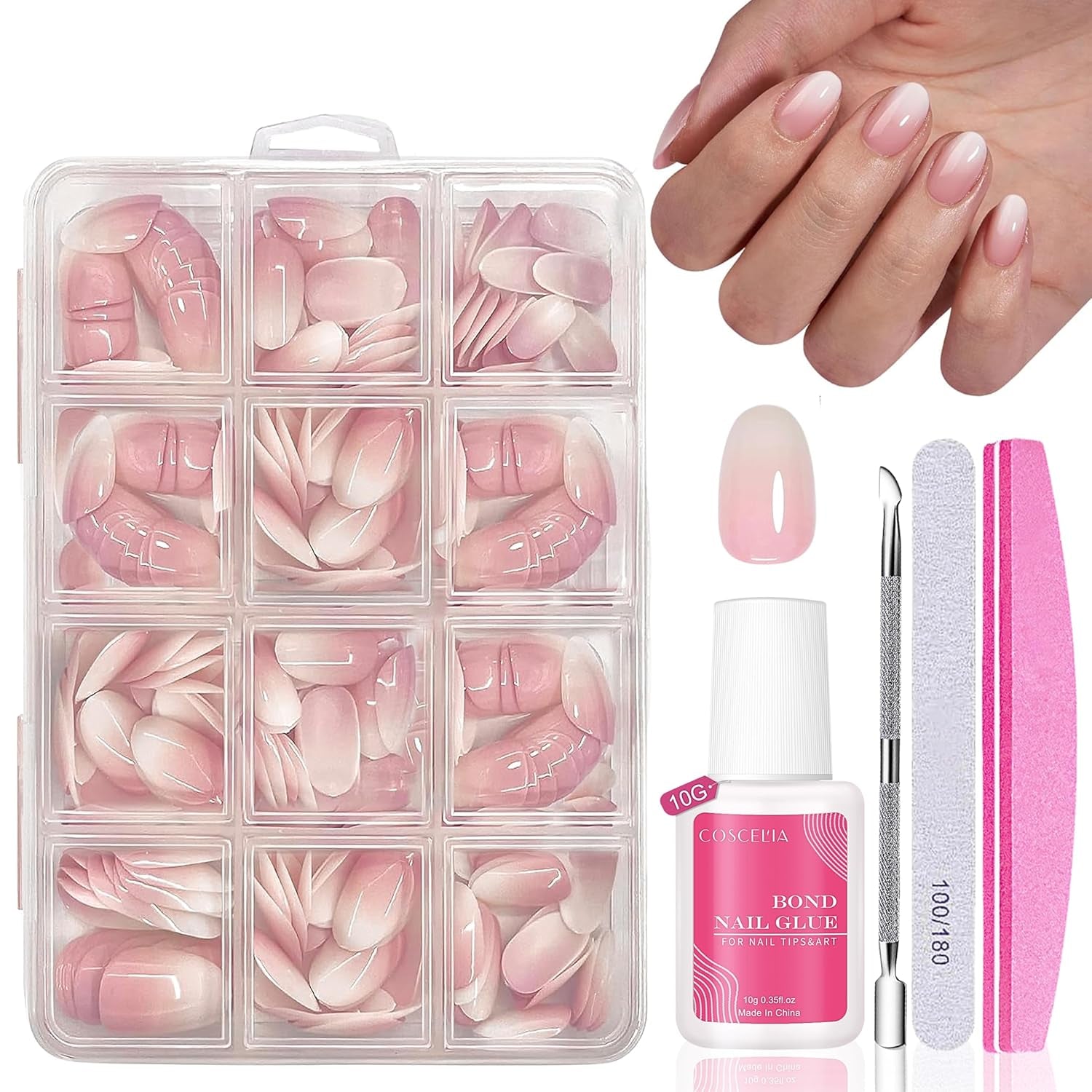 Künstliche Nägel-Set – 240-teilig, zum Aufkleben, französische Kunstnägel – rosa-weißes Farbverlaufsdesign, künstliche Nägel, vollständige Abdeckung, weiches Gel, natürlich und angenehm zu tragen (Rosa Mandel)
