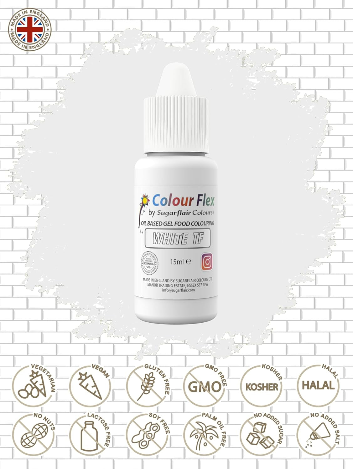 Sugarflair Colourflex Weiße Lebensmittelfarbe auf Ölbasis, hochkonzentrierte flüssige Lebensmittelfarbe, Lebensmittelfarbe für Buttercreme, Schokolade, Teig, Fondant, Zuckerguss und mehr – 15 ml