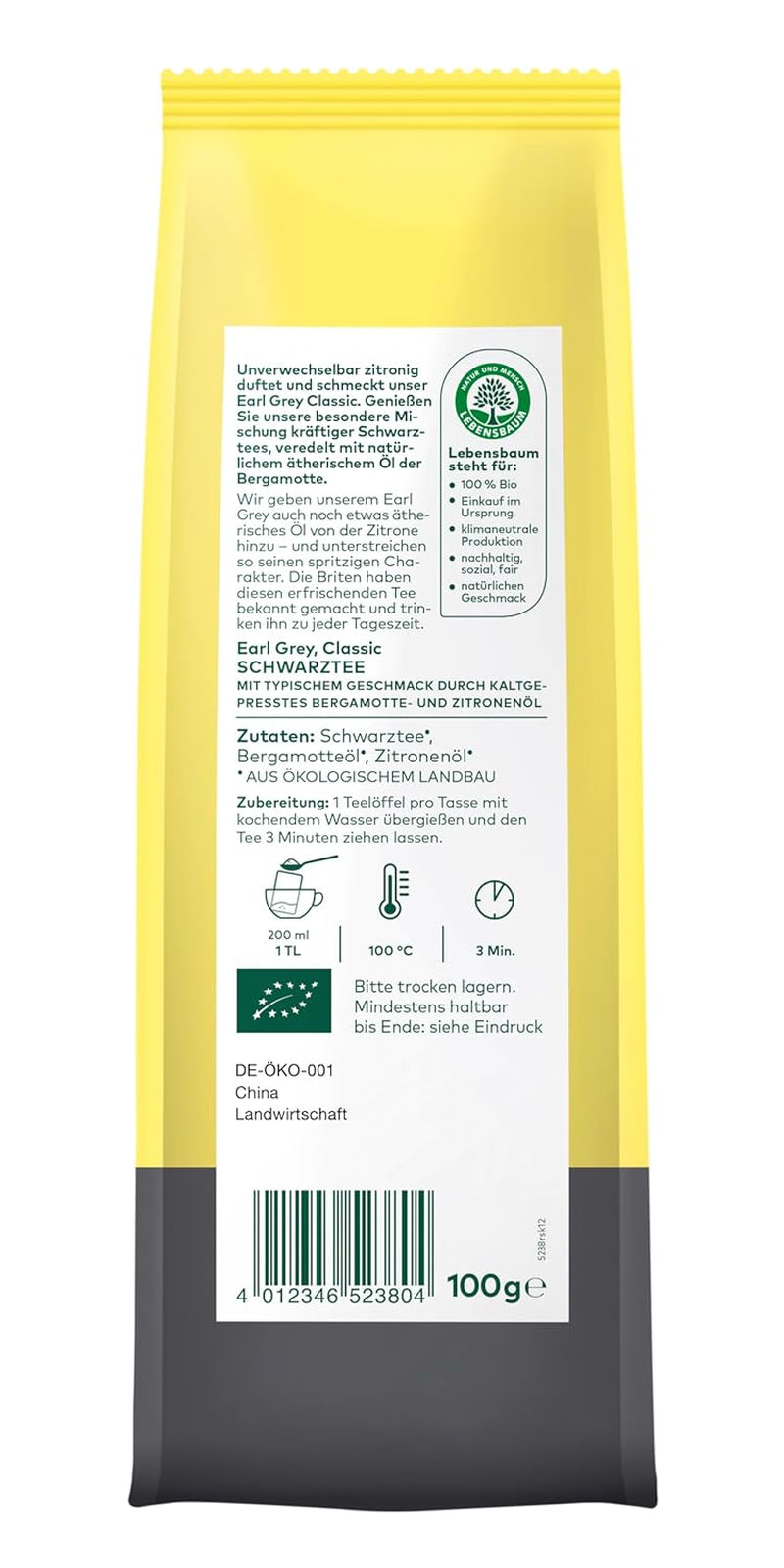 Lebensbaum Earl Grey Classic Schwarztee mit natürlichem Bergamotten- und Zitronenöl, harmonisch, aromatisch, 100 % biologisch, lose, 100 g