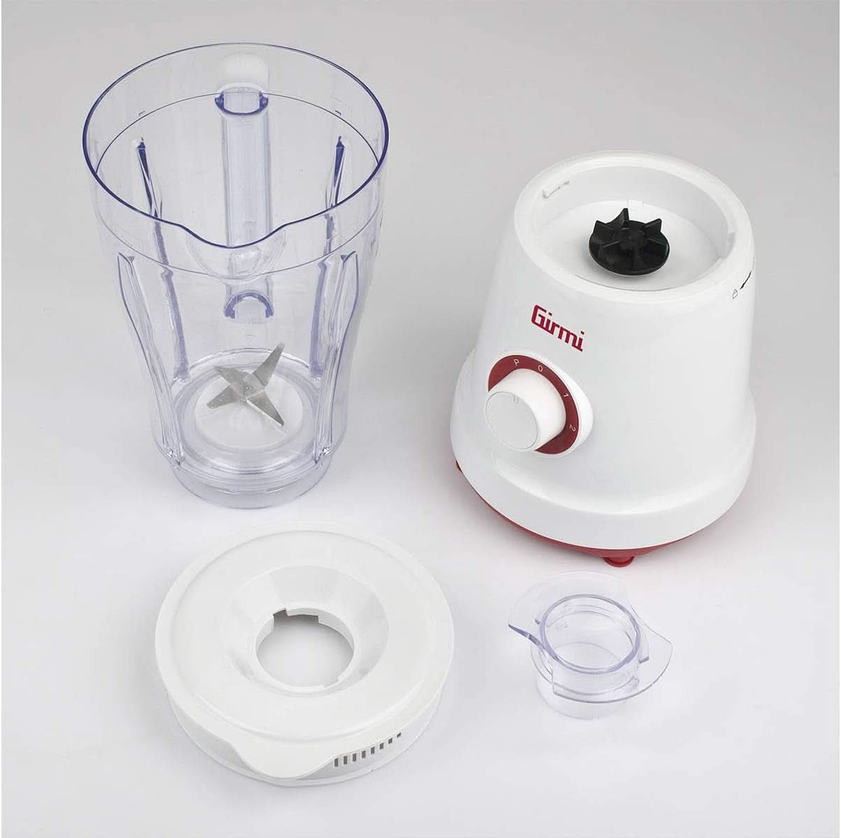 Girmi FR46 Elektrischer Mixer, 1,5 Liter, 2 Geschwindigkeiten Mit Pulse-Funktion, 4 Edelstahlklingen, Messbecherdeckel, Messbecher Mit Scale, Sicherheitseinrichtung, Weiß/Rot Kitchen Naty Shop