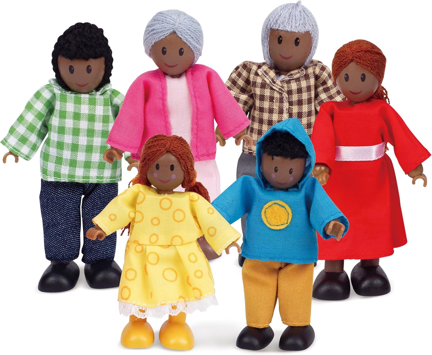 Hape Doll Family – 6-teiliges Puppenhaus-Zubehörset aus dunklem Leder mit Holz- und Stofffiguren, Rollenspiel, Lernspielzeug, interaktives Lernspielzeug für Kinder ab 3 Jahren