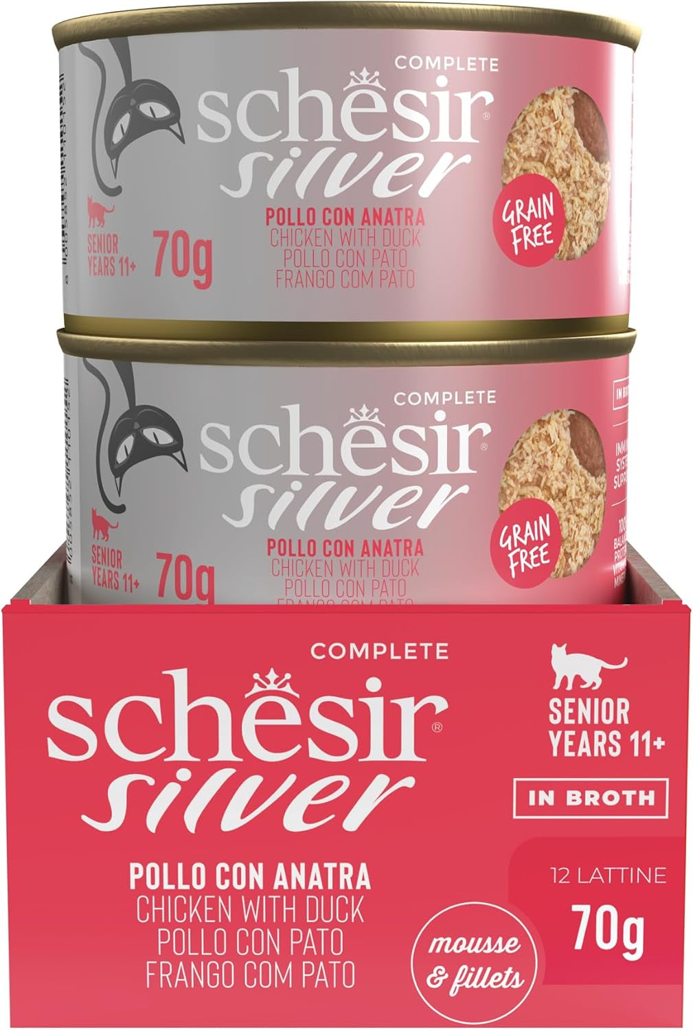 Silberhähnchen mit Entenmousse und Filets, komplettes Nassfutter für ältere Katzen, getreidefrei, Immununterstützung, Feuchtigkeitsquelle, 12 x 70 g