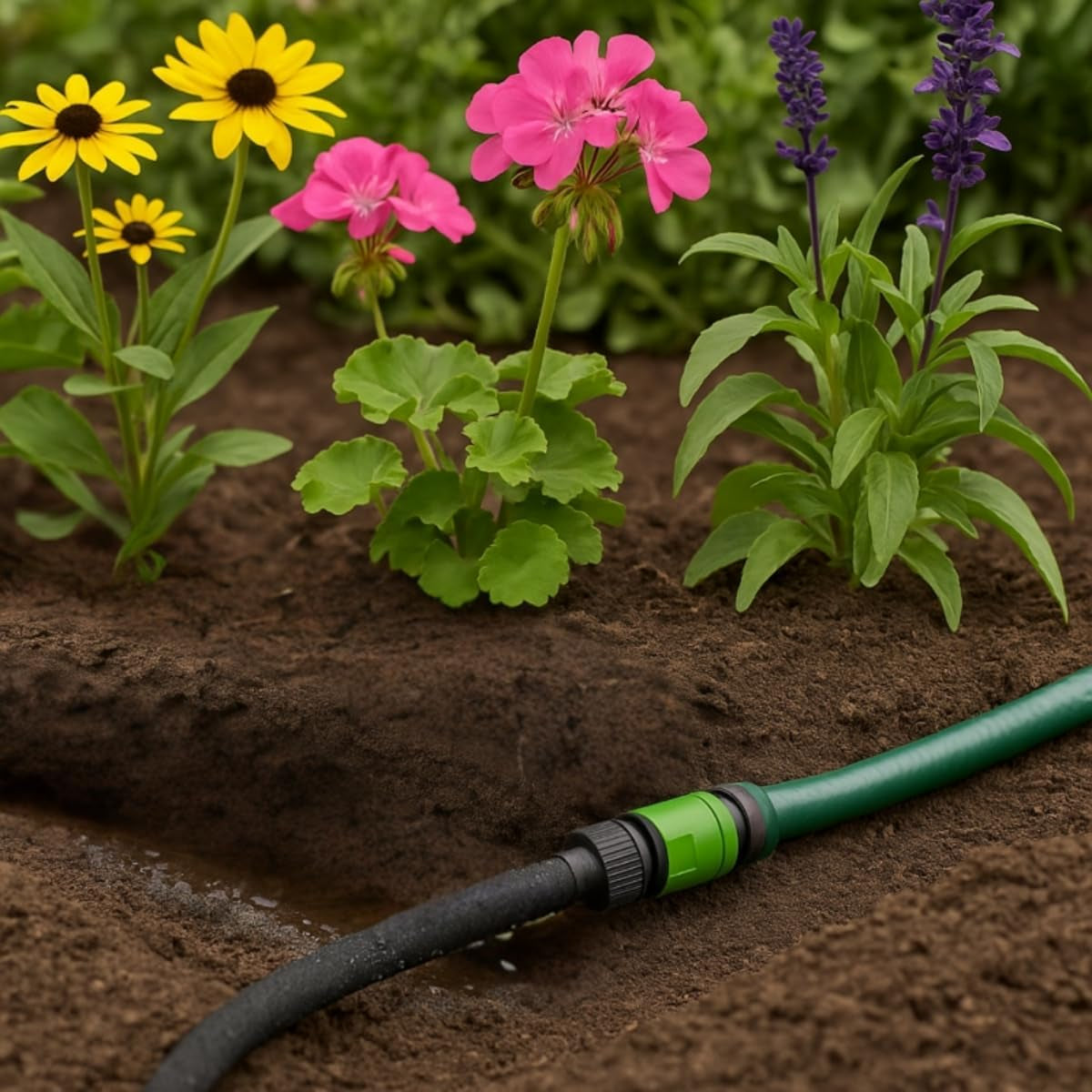 Kinzo 15 m Ø 14 mm Tropfschlauch – Gartenschlauch mit 3 Kupplungen – wassersparender Gartenschlauch für Sprühsysteme – schwarzer Schlauch
