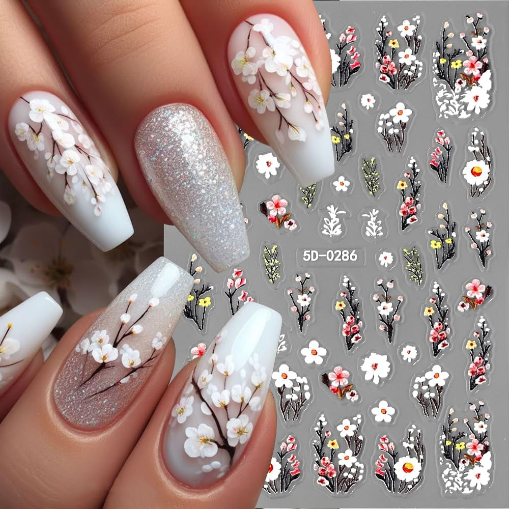 Pflaumenblüten-Nagelaufkleber, weiß-rosa Blumen-Nagelaufkleber, geprägte Blumen-Nagelaufkleber, Frühlings-Sommer-Blumen-Nagelaufkleber, Nageldesigns, Nagelzubehör, Nagelkunst