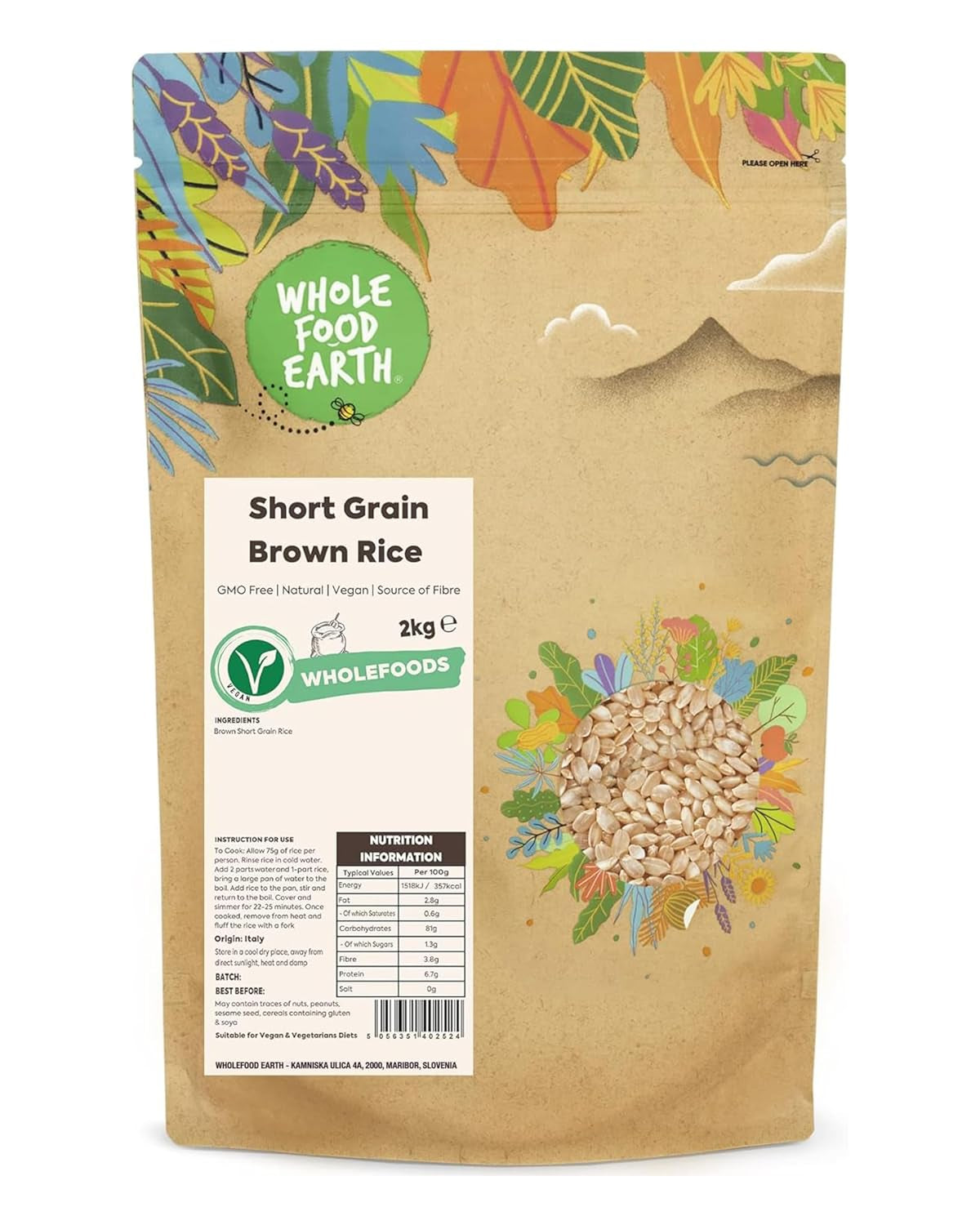 Vollkorn-Naturreis von Wholefood Earth – gentechnikfrei – natürlich – vegan – milchfrei – ohne Zuckerzusatz, 2 kg