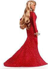Barbie Mariah Carey – Sammlerpuppe mit glitzerndem roten Kleid, Rüschen, Schlitz, bezaubernden Locken, silbernen Accessoires, roten High Heels, Weihnachtstradition, Dekoration, HJX17