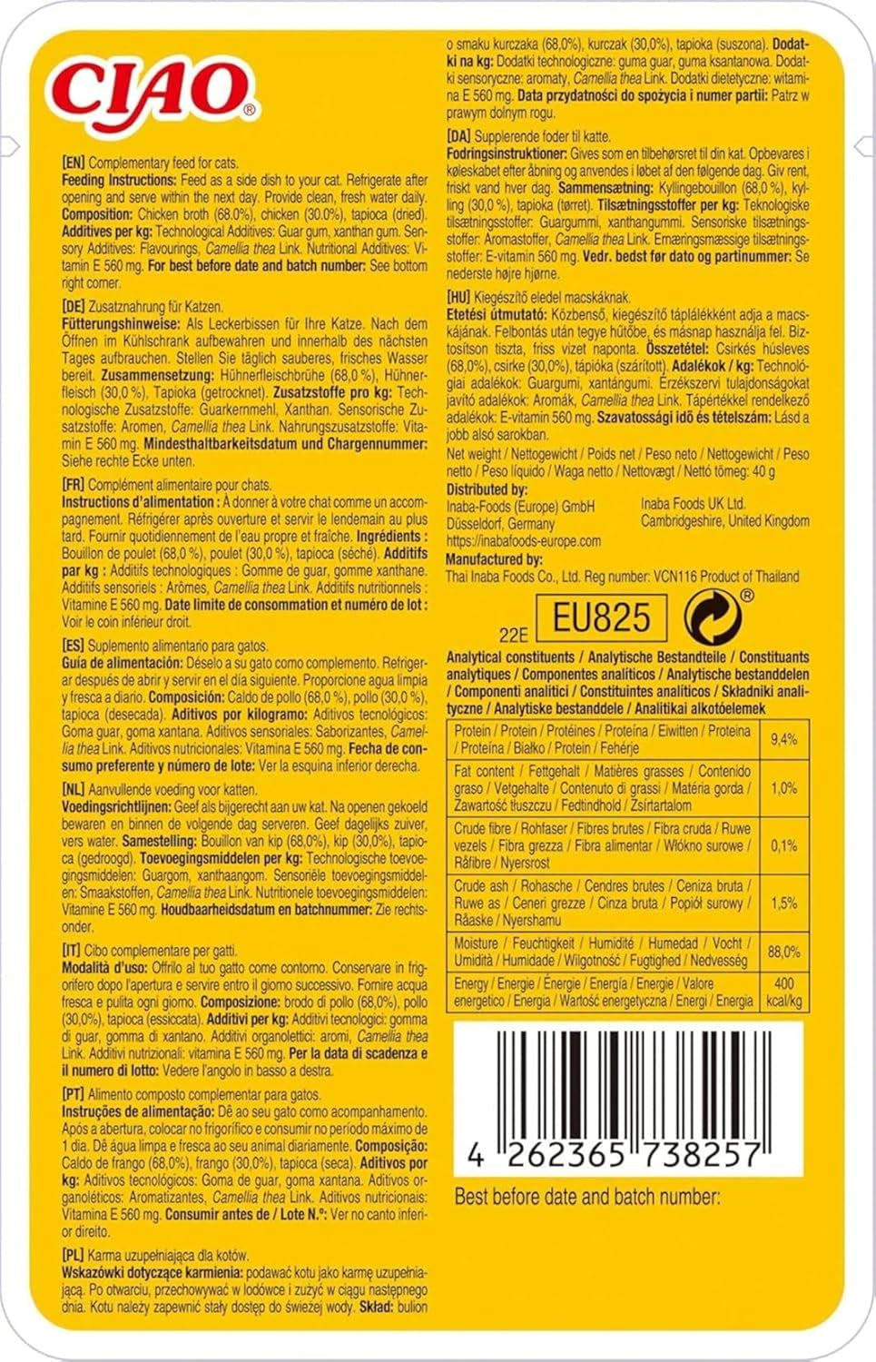 INABA Ciao Broth Nassfutter für Katzen 88 % Feuchtigkeit und Vitamin E, Premium-Suppe für Katzen mit Huhn 40 g (12er Pack), 100 % natürliches Fleisch, getreidefrei, zuckerfrei