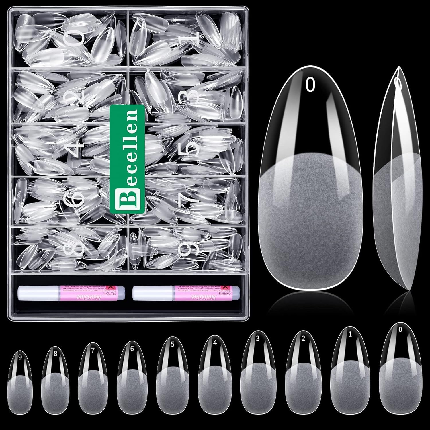 Becellen 500 Stück künstliche Nagelspitzen, weiche Gel-Nagelspitzen, vollständige Abdeckung, Gel-Nagelspitzen, vorpolierte künstliche Nägel, DIY-Nagelkunst-Kleber-Set (Mandeln)