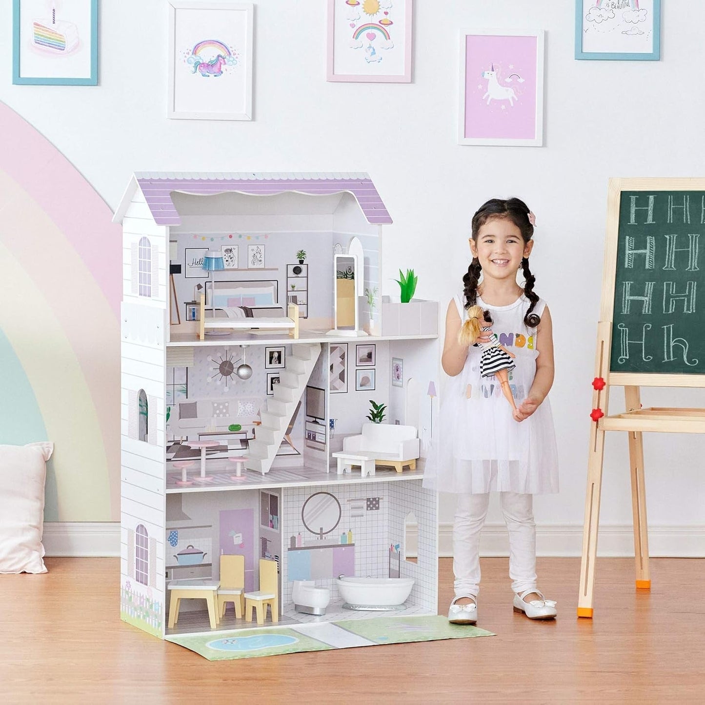 Teamson Kids Olivias Little World Riesenpuppenhaus mit 16 Puppenzubehör, Holzpuppenhaus mit Möbeln, 3-stöckig, Kinderpuppenhaus für 12 Zoll/30 cm Puppen, ab 3 Jahren Naty Shop Puppenhäuser