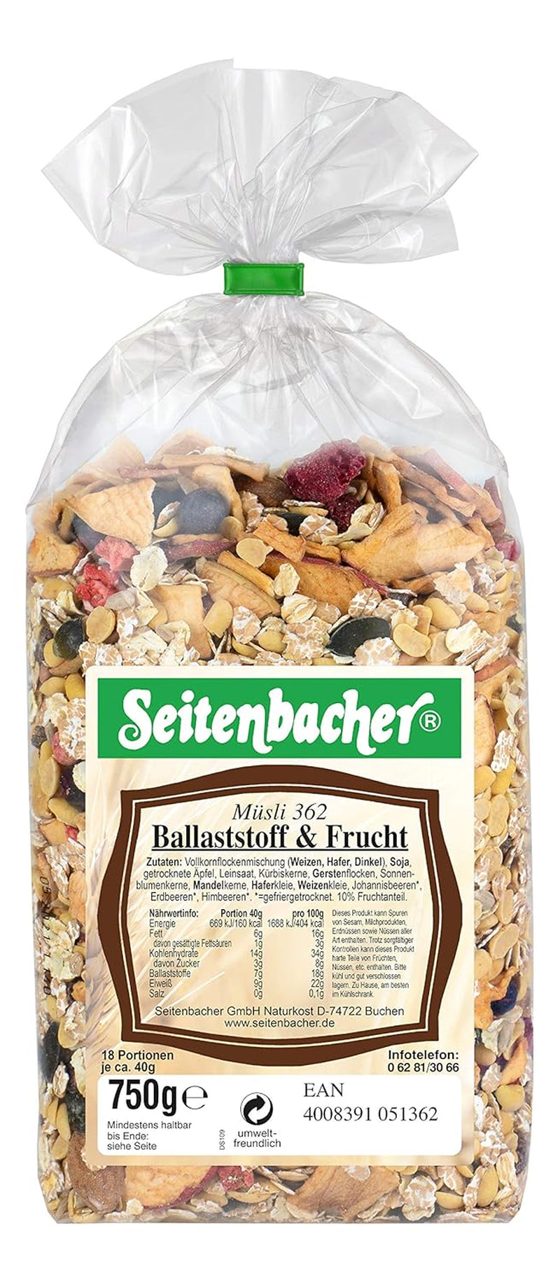 Seitenbacher Müsli Ballaststoff Und Früchte I Ohne Zugesetzten Zucker I Ohne Zugesetztes Fett I (1 X 750 G) Cereals Naty Shop 1