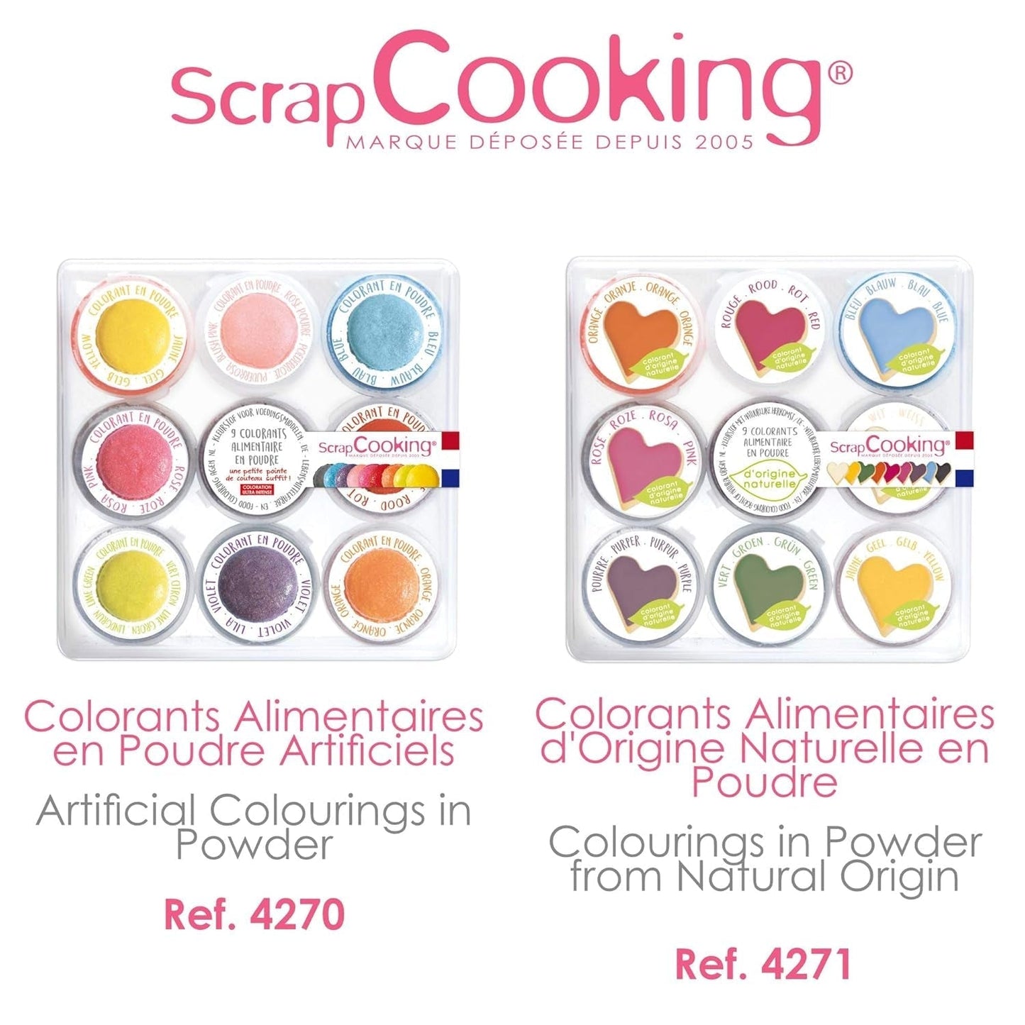 Scrapcooking – Set mit 9 pulverförmigen Lebensmittelfarben – Blau, Gelb, Rosa, Lila, Orange, Limettengrün, Rot, Puderrosa, Schwarz – Essbares Farbpulver für Kuchen, Muffins, Macarons – 4270