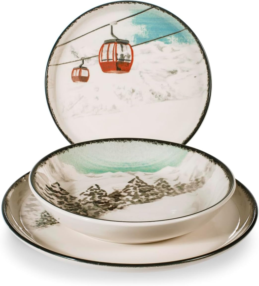 Winter Escape 12-teiliges Weihnachtsgeschirr-Set aus Steinzeug – nordisches Winter-Skifahrer-Design – spülmaschinen- und mikrowellenfest