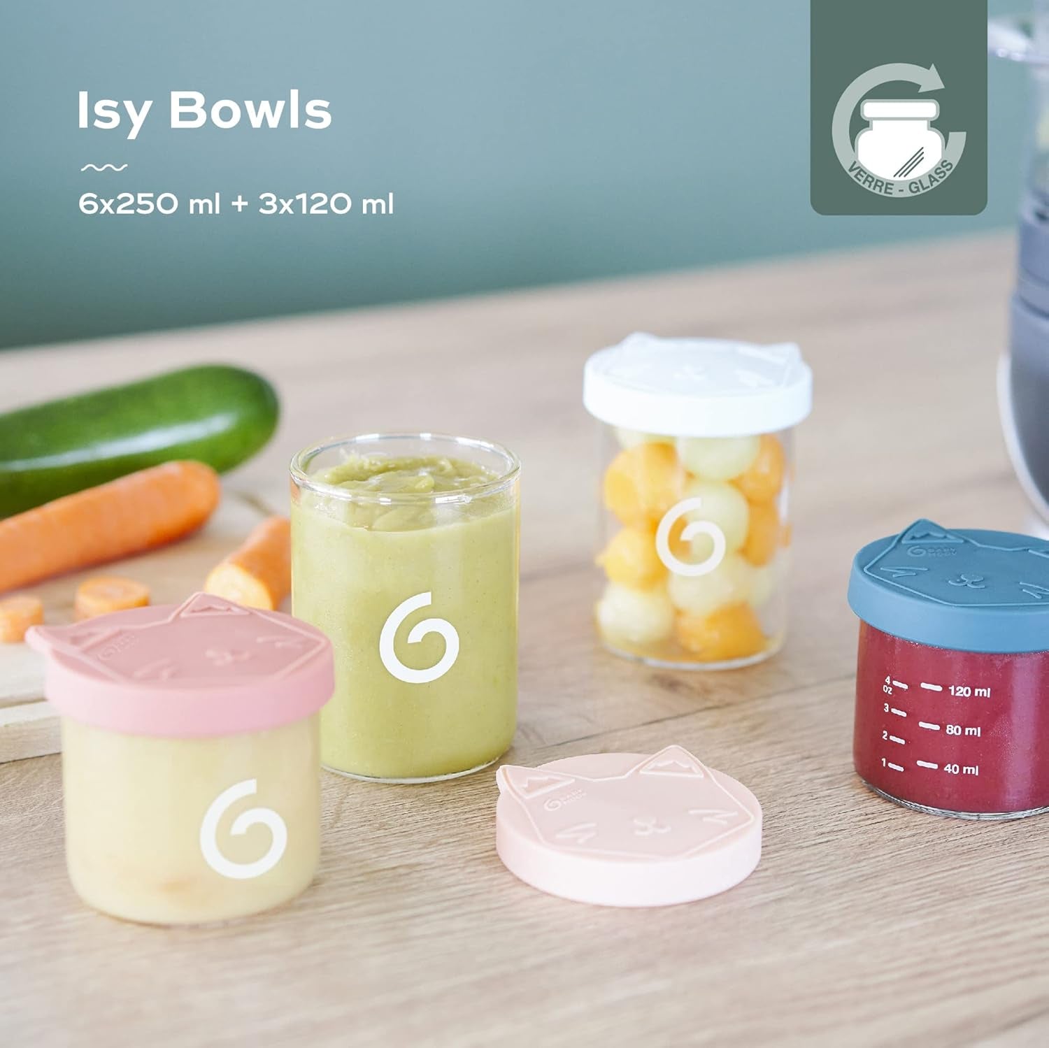 Babymoov ISY BOWLS Babynahrungsbehälter aus robustem, temperaturbeständigem Glas – zum Aufbewahren/Einfrieren von Babynahrung, 6x 250ml + 3x 120ml Frischhaltedosen Naty Shop