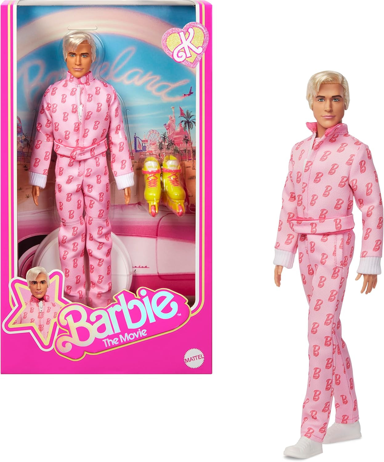 Barbie The Movie – Ken-Sammelpuppe, Ryan Gosling als Ken in rosafarbenem Overall mit „B“-Aufdruck, weißen Sneakern und bunten Inlineskates, JCP80