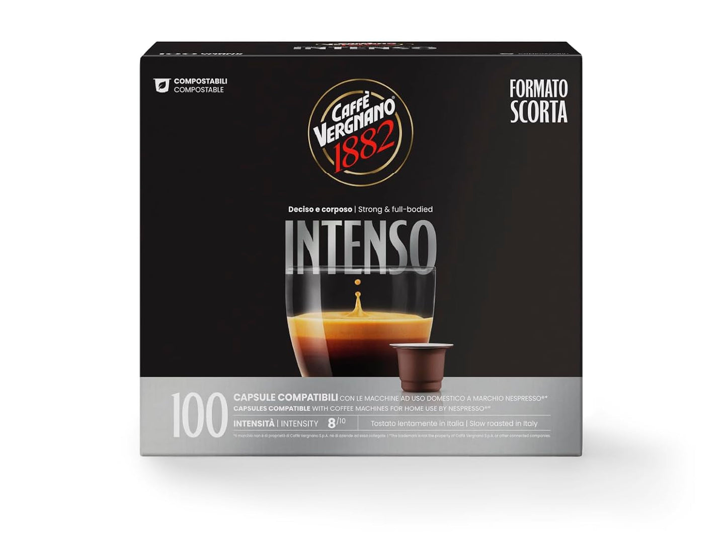Caffè Vergnano 1882 – Èspresso Kompostierbare Kaffeekapseln, kompatibel mit Nespresso, Intenso (Intenso) – Packung enthält 100 Kapseln