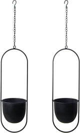 Hängende Blumentöpfe aus Metall, 2 Stück, schwarz, ovaler geometrischer Pflanzenaufhänger mit Töpfen, moderner Wand- und Deckenpflanzer für drinnen und draußen, 15,2 cm, Blumentöpfe 2 Stück