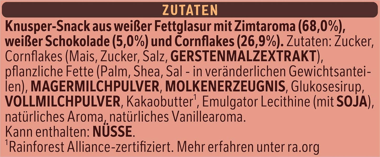 Leichte, knusprige Zimtflocken und knusprige Mandeln von Nestlé, überzogen mit einer zartschmelzenden weißen Glasur und Zimtgeschmack, 4er-Packung (je 2 x 75 g)