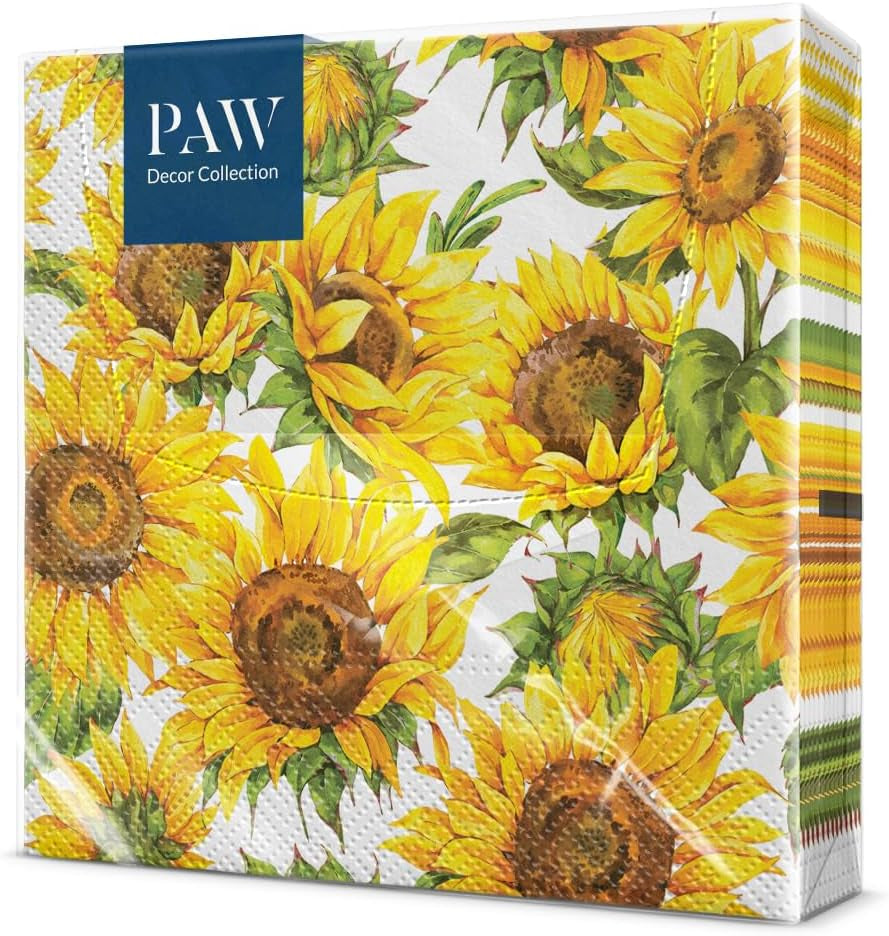 PAW – 3-lagige Servietten (33 x 33 cm) I 20 Stück I Perfekt für Geburtstage, Partys und Verabredungen I Herbstliche Tischdekorationen I Bunte Papierservietten – sonnenblumengelbe Blütenblätter I Tanzende Sonnenblume