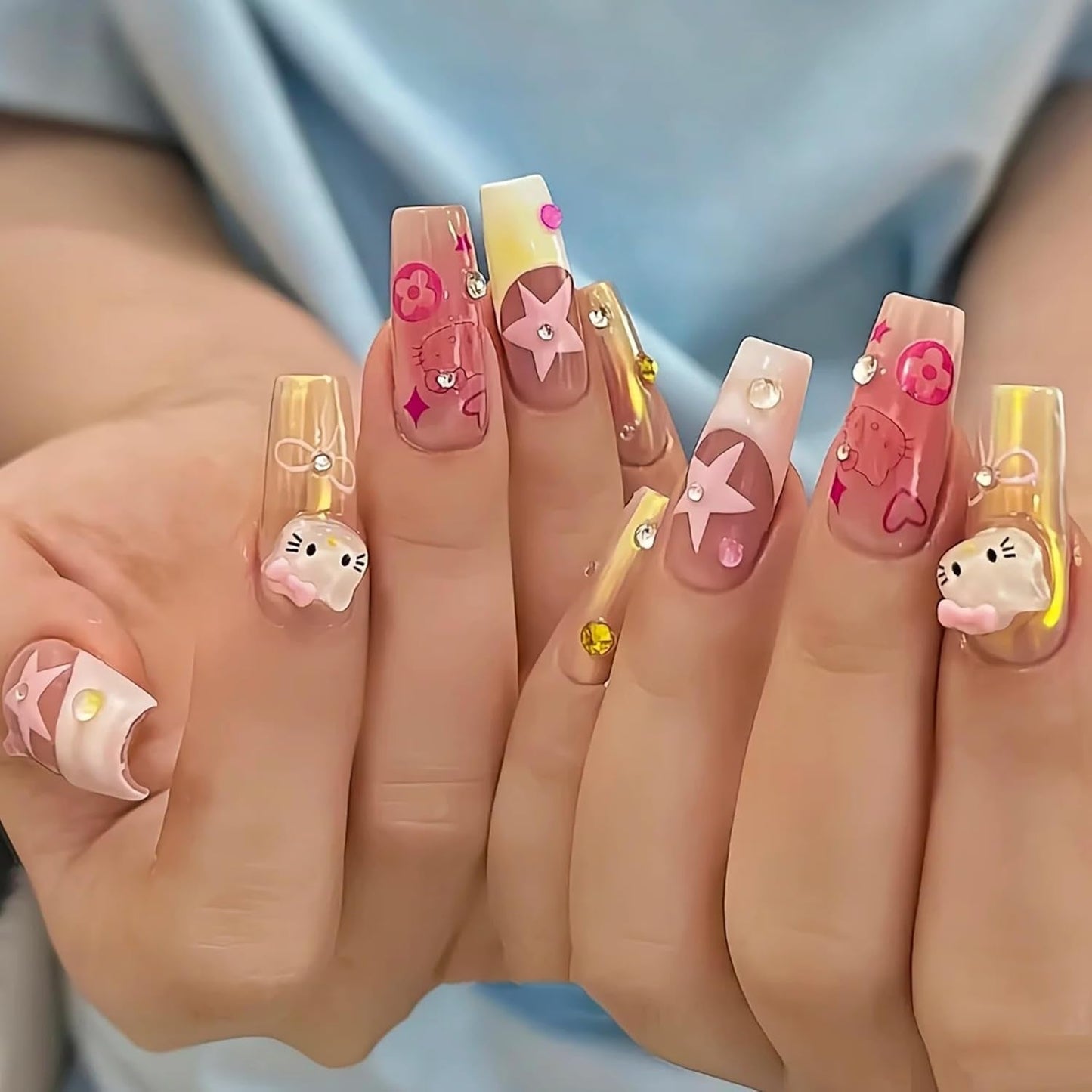 3D-Katzen-Nagelaufkleber, Nagelglitzer, Pailletten, Kunstharz-Nagelaufkleber, Nageledelsteine, Diamanten für Nagelkunst, inklusive Strass-Nagelwachsstift (Bunte Katze)
