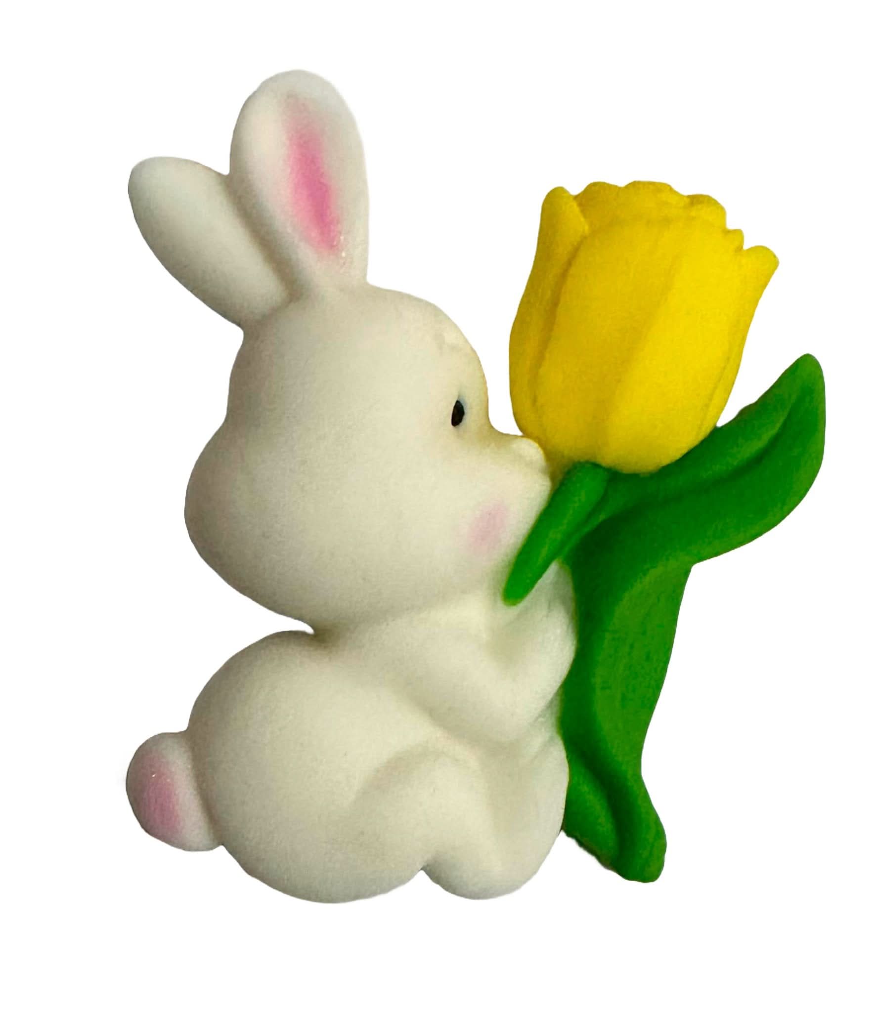 Essbare Zuckerdekoration, Hase mit gelber Tulpe. Dekorationen von Sugar Paste Nati Shop