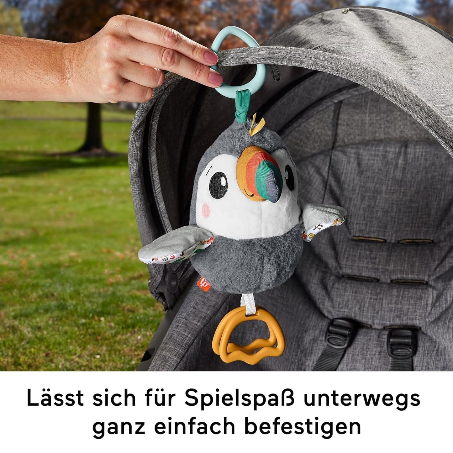 FISHER-PRICE Flap & Go Toucan – Kinderwagen-Plüschspielzeug fördert Feinmotorik und sensorische Fähigkeiten für Neugeborene ab der Geburt HNX66 Babyspielzeug Naty Shop