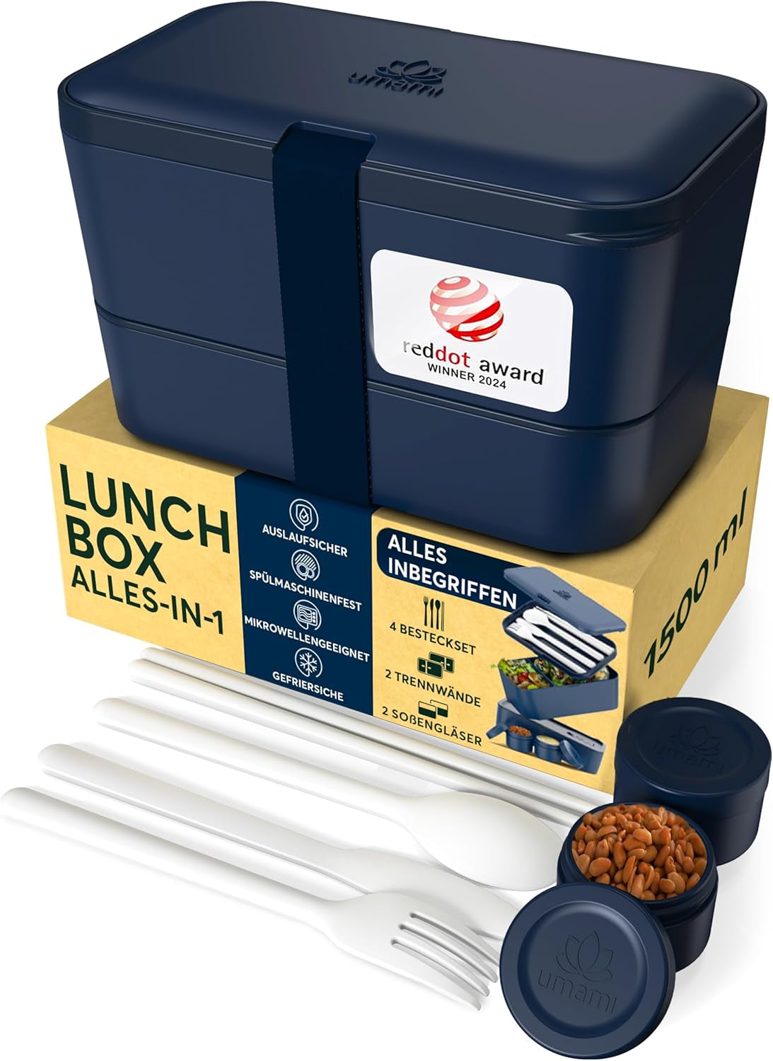 Umami Lunchbox für Erwachsene, auslaufsichere stapelbare Bento-Box mit 4 Besteck und Fächern, Lunchbox für Erwachsene, To-Go-Salatbehälter, Picknick-/Büro-Lunchbox, Anthrazit, 1500 ml