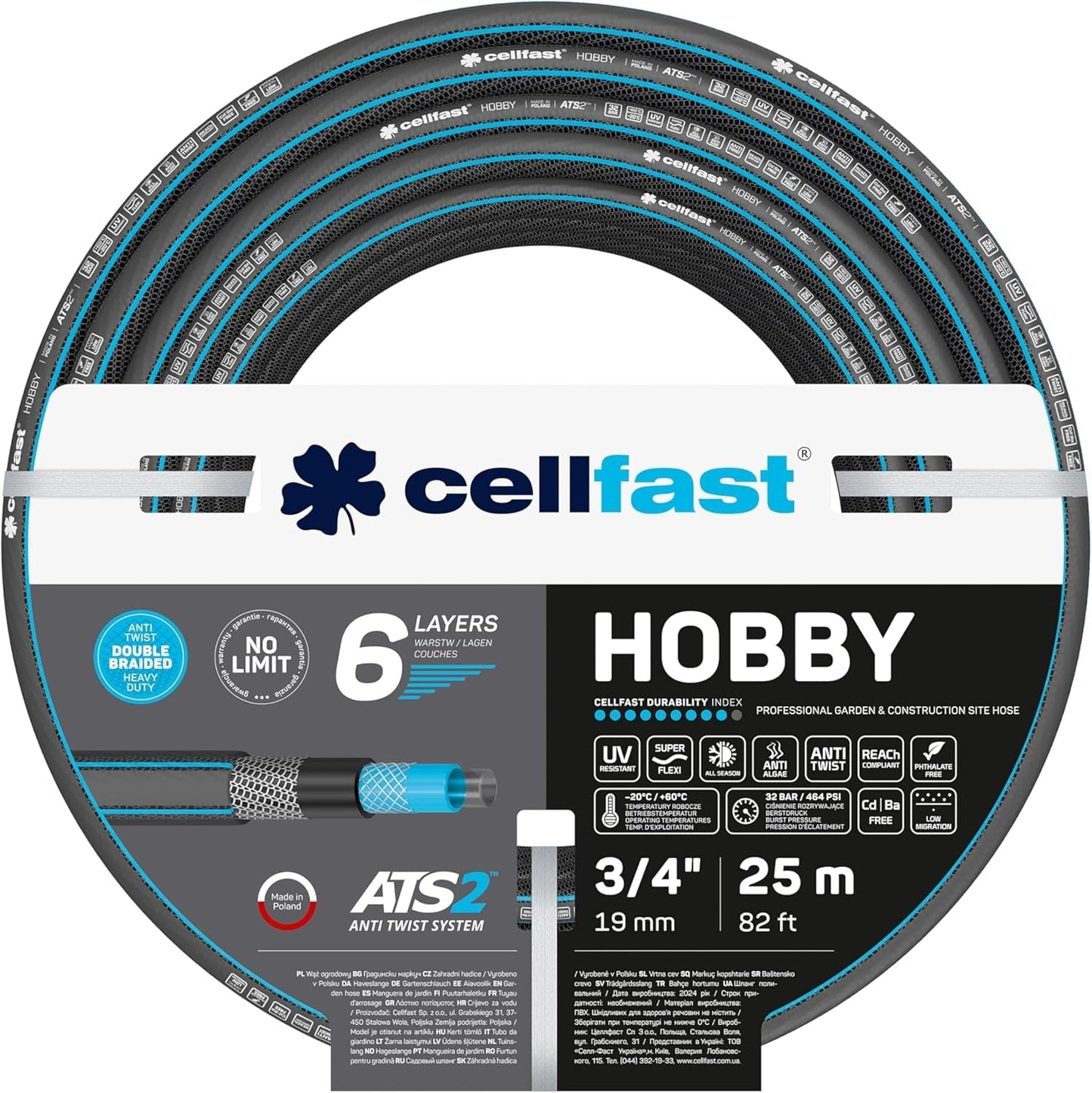 CELLFAST Gartenschlauch, 6-lagiger Wasserschlauch, doppelt geflochtener Stoff, Bewässerungsschlauch, UV-beständig, Anti-Algen, flexibler Schlauch, 32 bar, 1 Zoll, 25 Meter, Hobby