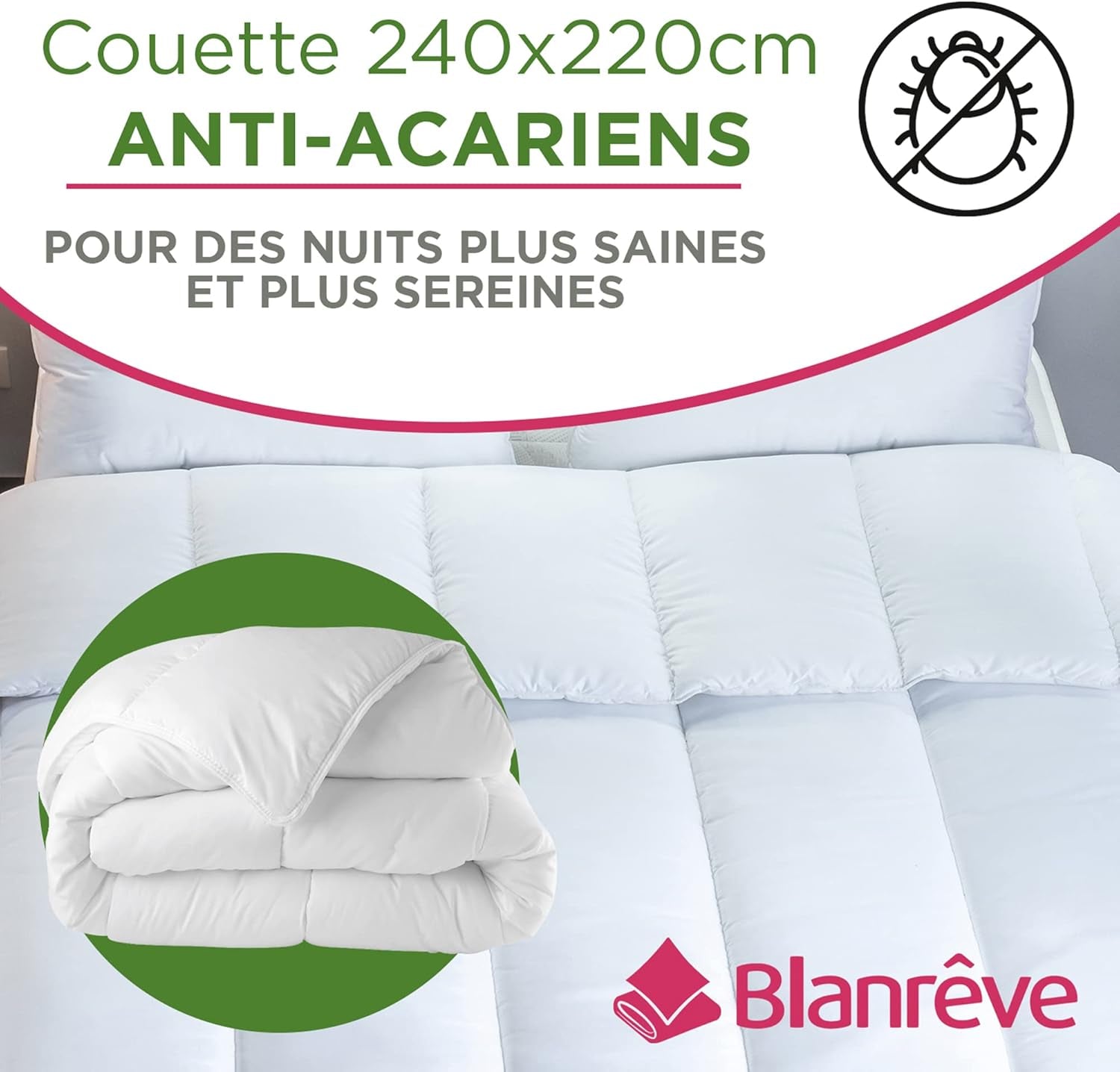 Serenité-Steppdecke – Anti-Milben-Behandlung – gehärtet, 300 g/m² – 240 x 220 cm – für Doppelbett – maschinenwaschbar, weiß. Bettdecken und Steppdecken Naty Shop