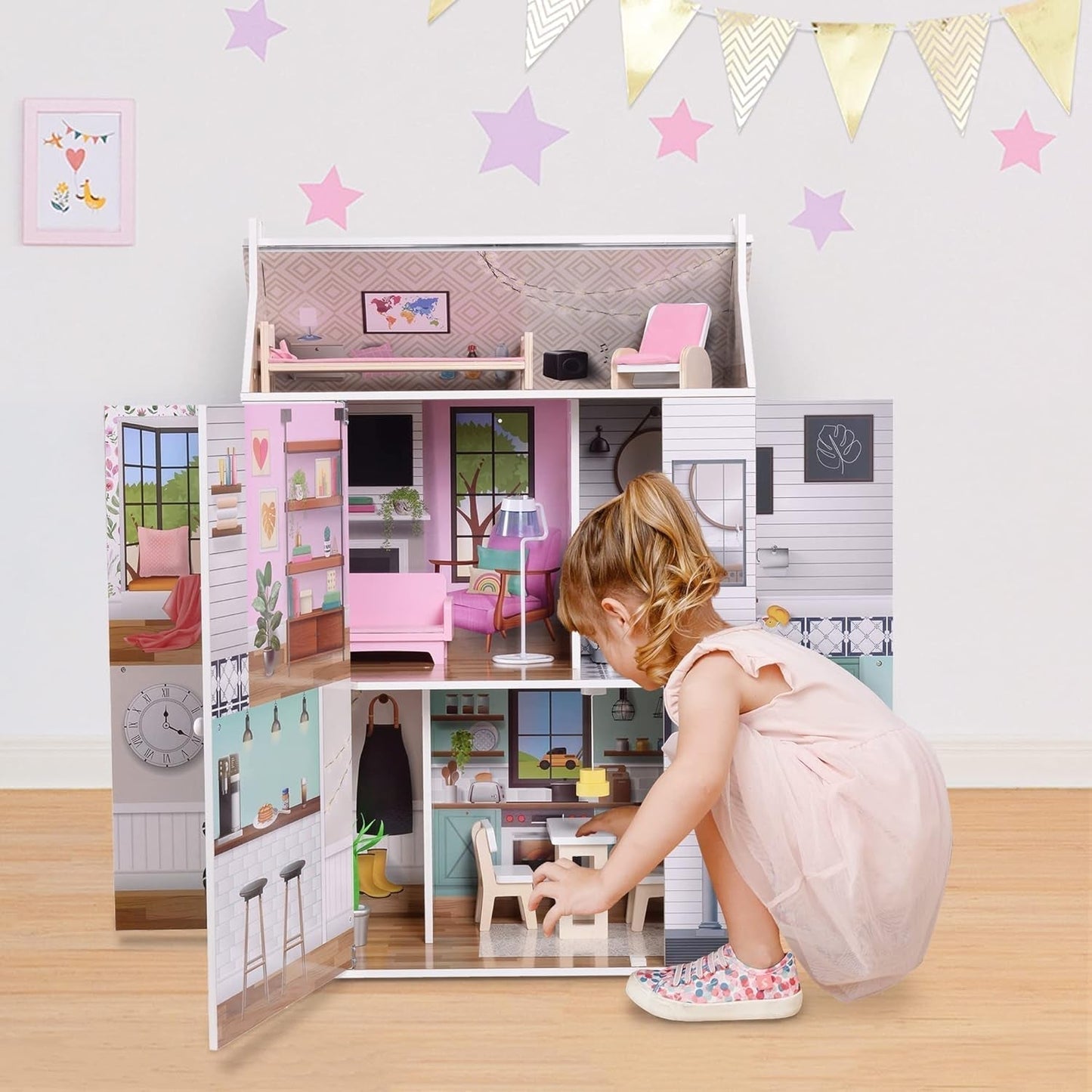 Olivia'S Little World Dreamland Farmhouse Kids Interaktives Puppenhaus aus Holz 3 Etagen mit 13 Puppenmöbelzubehör Weiß TD-13632A Puppenhäuser Naty Shop