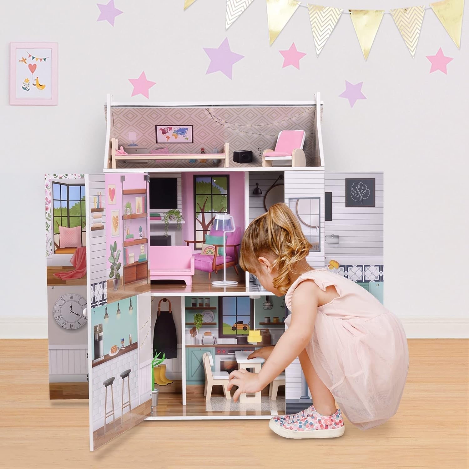 Olivia'S Little World Dreamland Farmhouse Kids Interaktives Puppenhaus aus Holz 3 Etagen mit 13 Puppenmöbelzubehör Weiß TD-13632A Puppenhäuser Naty Shop
