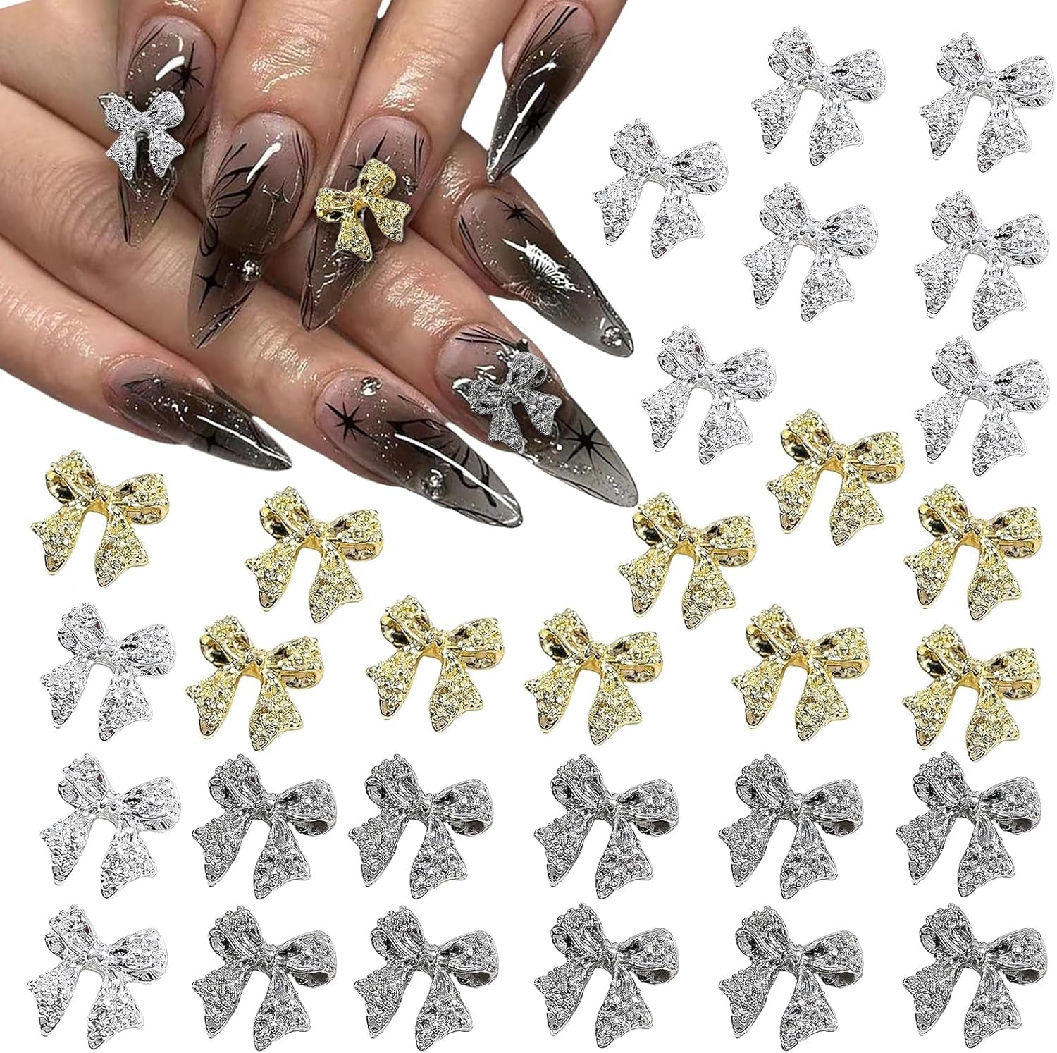 30 Stück Metall-Nagelschleifen, gold-silbergraue Schleifen, Nagelzubehör, Nageldekorationen für Frauen und Mädchen, Nagelkunst-Design