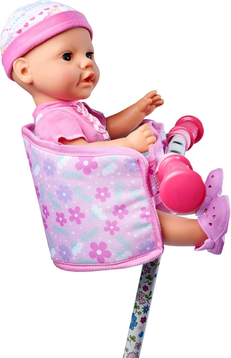 Simba 105560018 – Fahrradsitz für Neugeborene mit Gürtel, Puppenzubehör, Stoffsitz, Sicherheitsgurt, Klettverschluss-Lenker, für 30–43 cm große Puppen, ab 3 Jahren