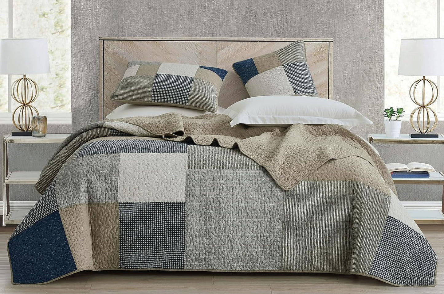 Chezmoi Collection Addy Patchwork-Steppdecken-Set, vorgewaschene Baumwolle, leicht, wendbar, für alle Jahreszeiten, übergroß, 3-teilig, Marineblau, Weiß, Grau, Taupe, karierte Steppdecken und Steppdecken, Naty Shop