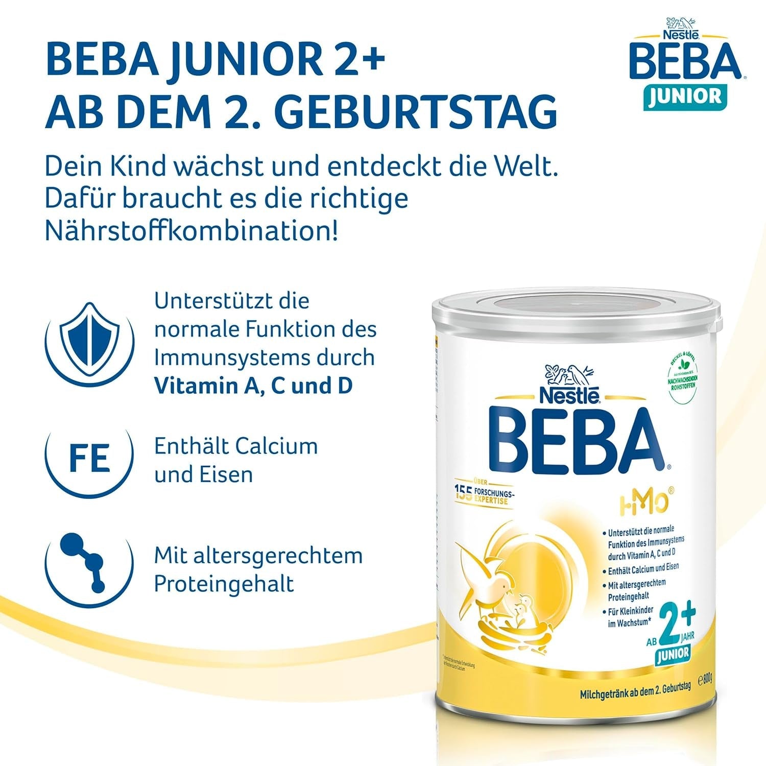 BEBA Junior 2+ Milchgetränk ab 2 Jahren, Mit HMO, Altersgerechter Proteingehalt, Nur Laktose, Ohne Palmöl, Ohne Fischöl, Kleinkindnahrung, Babymilchpulver, 6er Pack (6 x 800g)