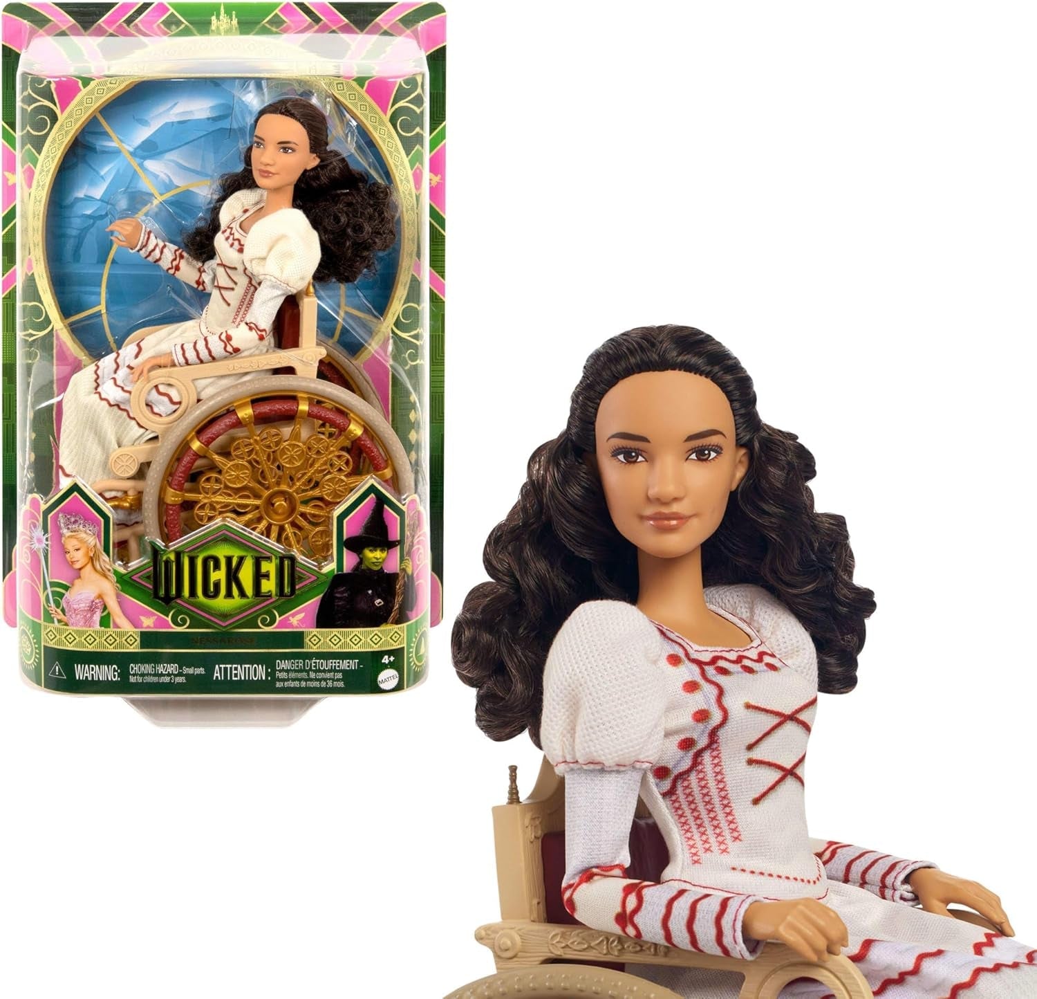 Mattel Wicked Nessarose Modepuppe und Zubehör, einschließlich Rollstuhl, mit lockigem braunem Haar, verschiedenen Posen und abnehmbarem Ballkleid-Look, HXY36