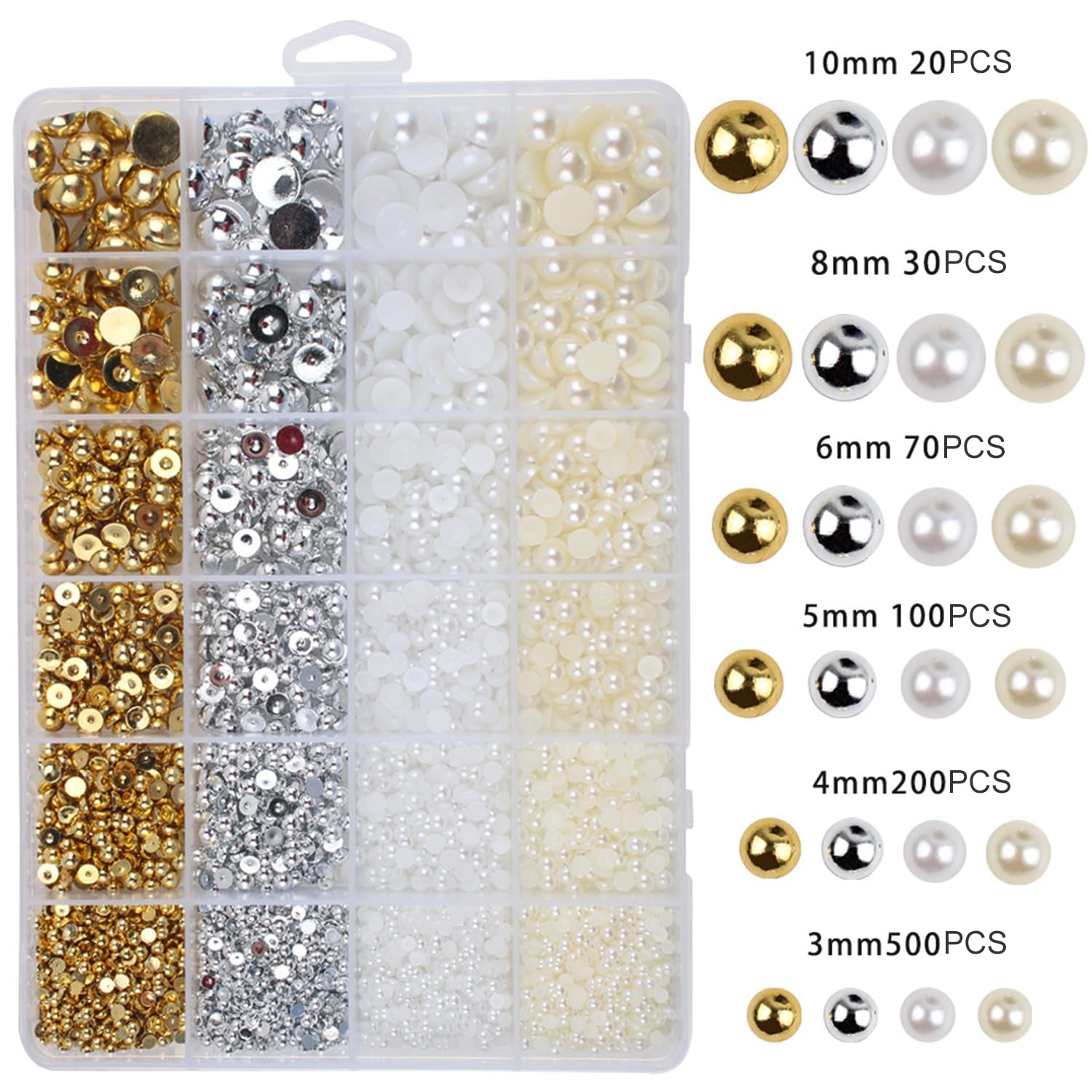 GZMAYUEN 920 Stück Gold Silber Flatback Perlen Für Nägel, Halbrunde Weiße Beige Nagelperlen, Kleine Halbrunde Flatback Perlen Für DIY Nail Art Decor