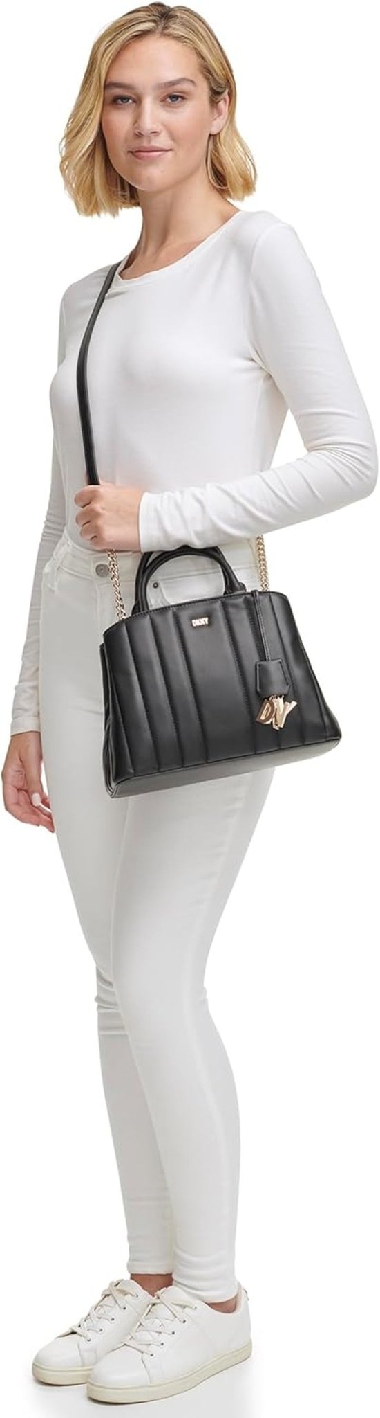 DKNY Chain Lexington Park Medium Logo Chain Satchel, Schwarz/Gold, Einheitsgröße Damen Naty Shop Taschen