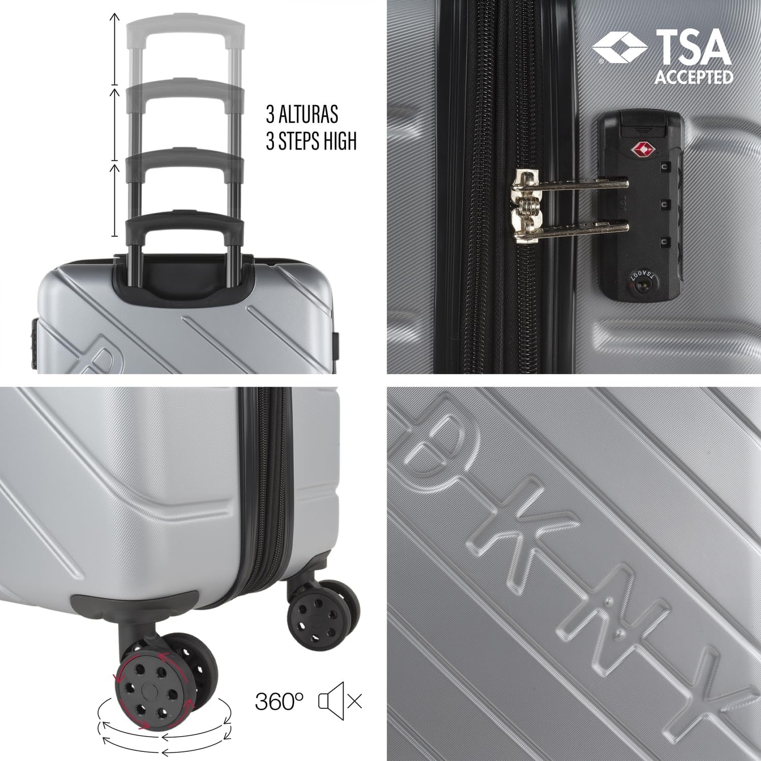 DKNY – Großer 4-Rad-Koffer Großer leichter Koffer – Großer Reisekoffer mit Rollen. Großer Flugzeug-Reisekoffer Hartschalenkoffer mit zertifiziertem Verschluss – Großer Trolley-Koffer Silber Gepäck und Reiseausrüstung Naty Shop