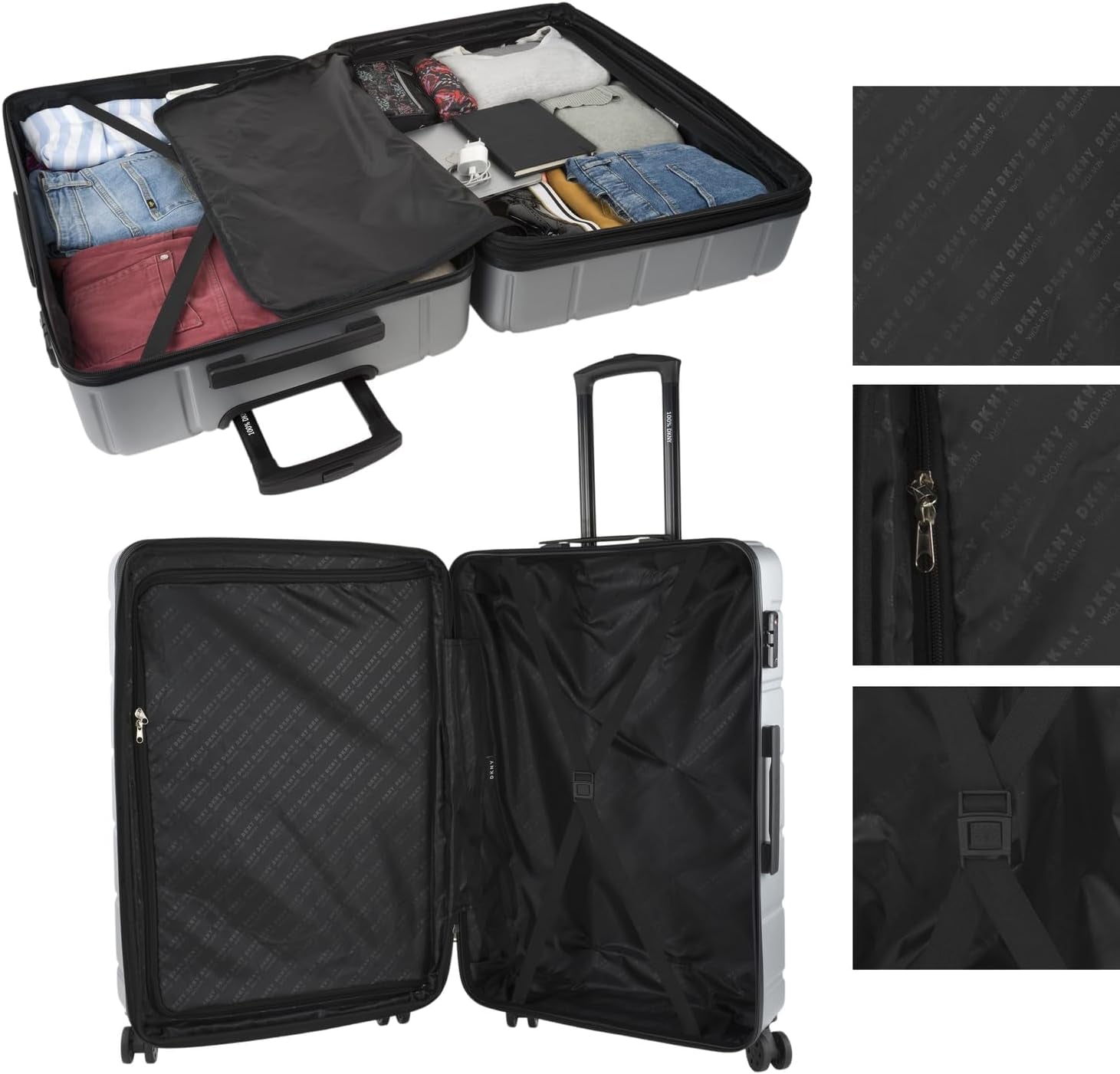 DKNY – Großer 4-Rad-Koffer Großer leichter Koffer – Großer Reisekoffer mit Rollen. Großer Flugzeug-Reisekoffer Hartschalenkoffer mit zertifiziertem Verschluss – Großer Trolley-Koffer Silber Gepäck und Reiseausrüstung Naty Shop