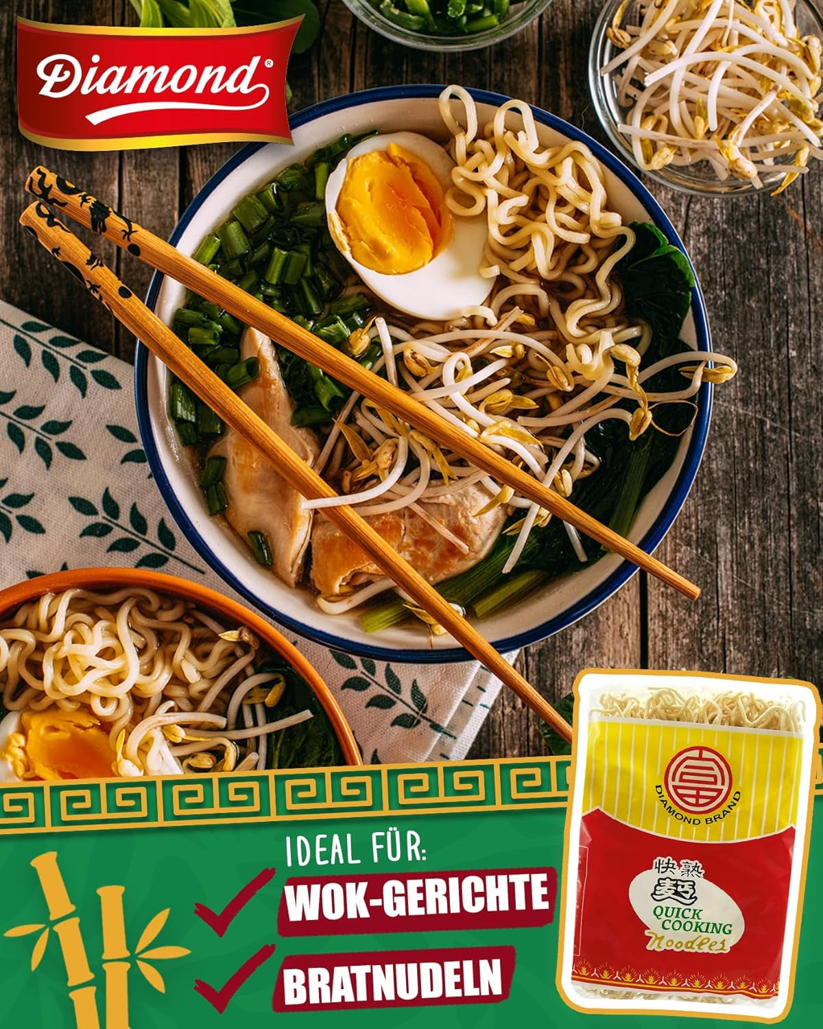 DIAMOND Instant-Nudeln ohne Ei, Instant-Wok-Nudeln aus Weizenmehl und Beilagen – 4 x 500 g