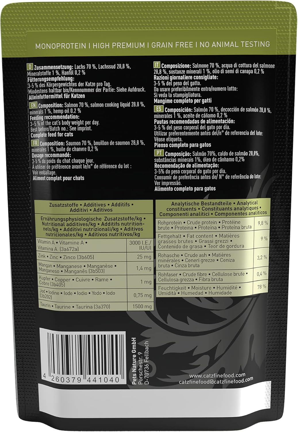 Nassfutter für Katzen Catz Finefood Purrrr mit Monoprotein und Lachs Nr. 105, für Katzen mit empfindlicher Verdauung, 16 x 80 g
