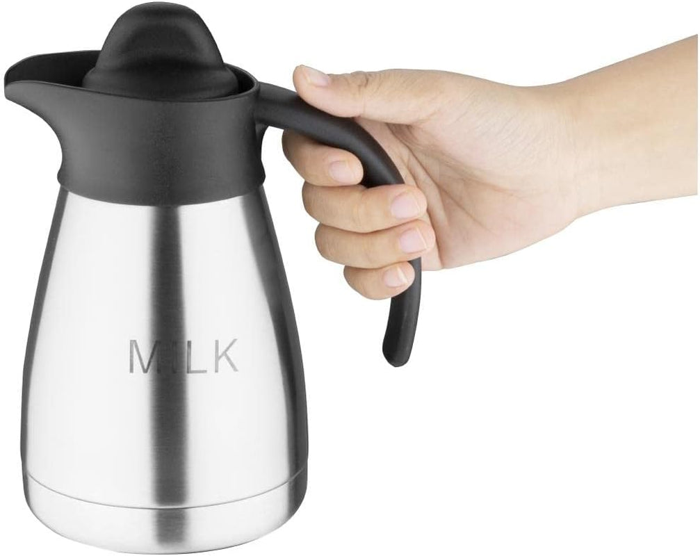 Olympia Vakuum-Milchbecher mit Schraubverschluss, 500 ml/17 oz, Edelstahl mit schwarzem Deckel, seitlicher Milchaufdruck, Buffetstationen für Tee und Kaffee, CL371